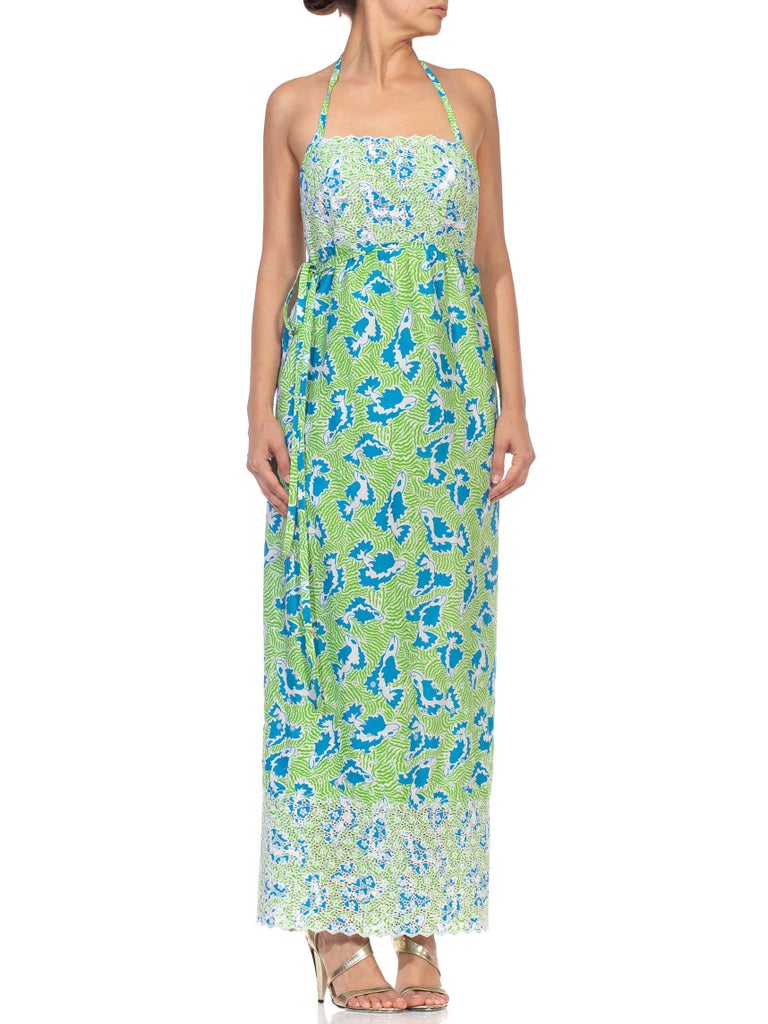 1970s Lilly Pulitzer Green Blue Poly/Cotton Wrap Halter Back Dress 1970s Lilly Pulitzer Green Blue Poly/Cotton Wrap Halter Back Dress