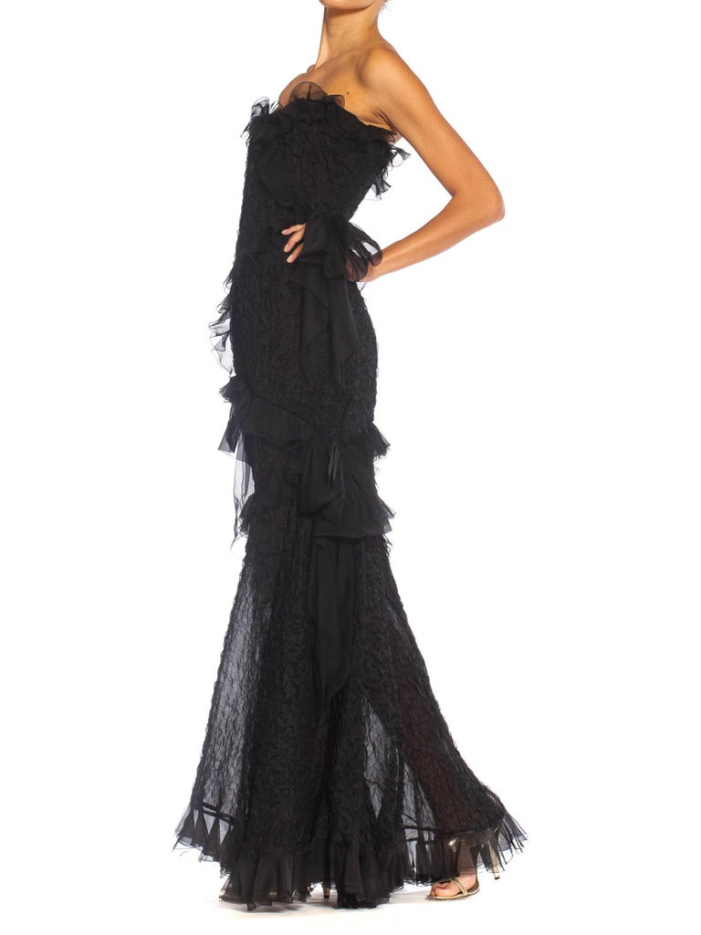 1980S YVES SAINT LAURENT Black Silk Textured Organza Strapless Gown With Chiffon Ruffles 1980S YVES SAINT LAURENT Black Silk Textured Organza Strapless Gown With Chiffon Ruffles