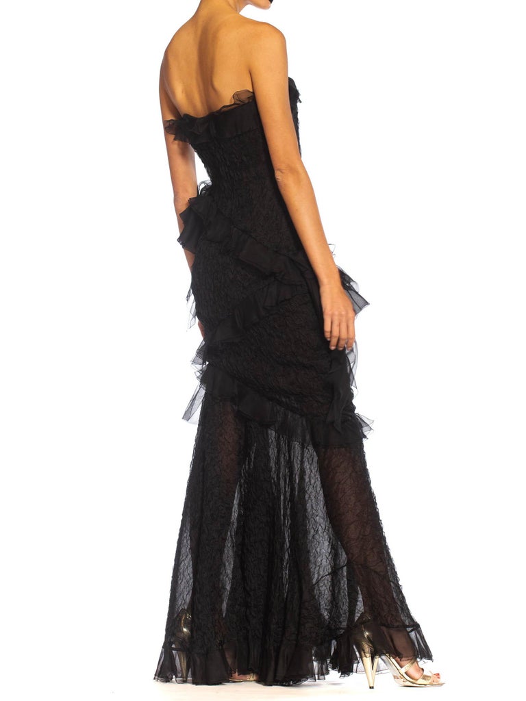 1980S YVES SAINT LAURENT Black Silk Textured Organza Strapless Gown With Chiffon Ruffles 1980S YVES SAINT LAURENT Black Silk Textured Organza Strapless Gown With Chiffon Ruffles