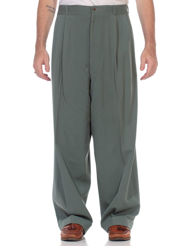 1940S Seafoam Green Wool Gabardine High Hollywood Waist Men's Pants