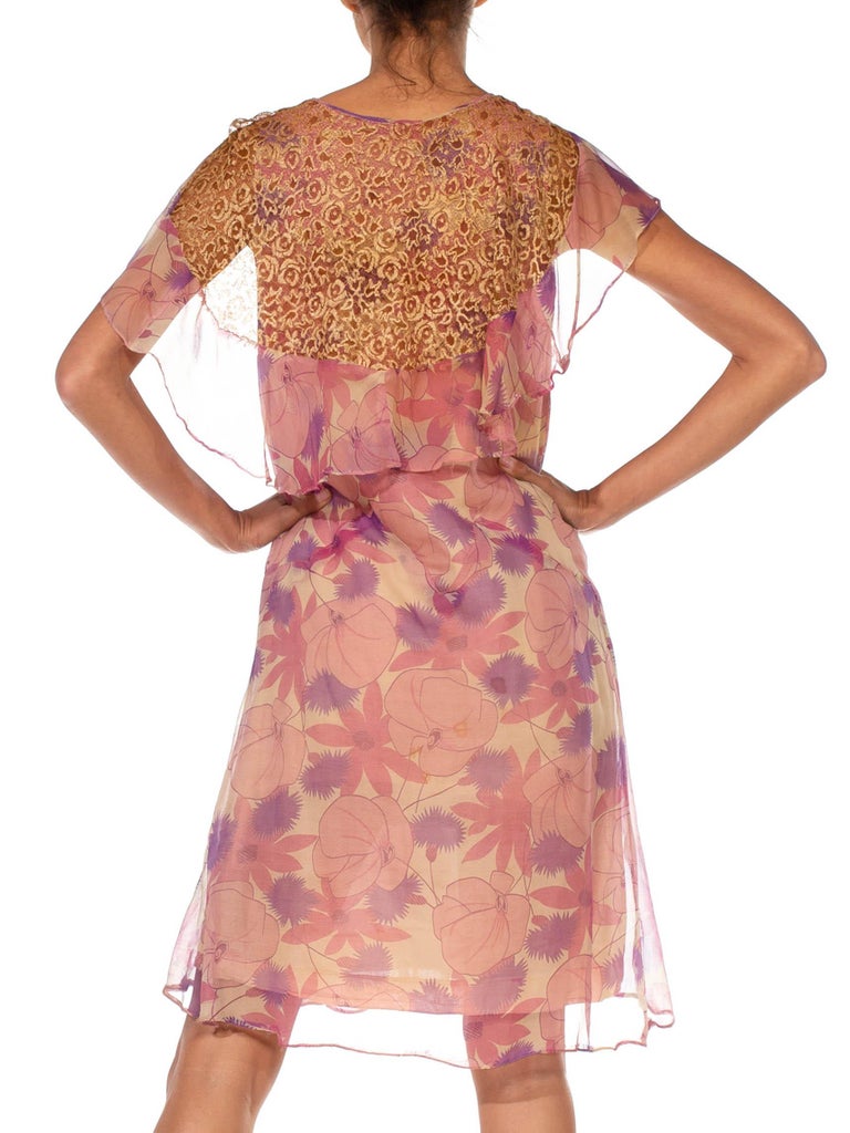 1920S Pink & Purple Silk Chiffon Floral Back Lace Cape Dress