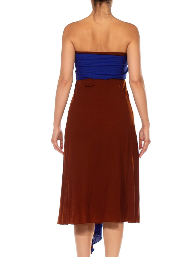1990S JEAN PAUL GAULTIER Blue & Brown Wool Jersey Strapless Cozy Knit Dress 1990S JEAN PAUL GAULTIER Blue & Brown Wool Jersey Strapless Cozy Knit Dress
