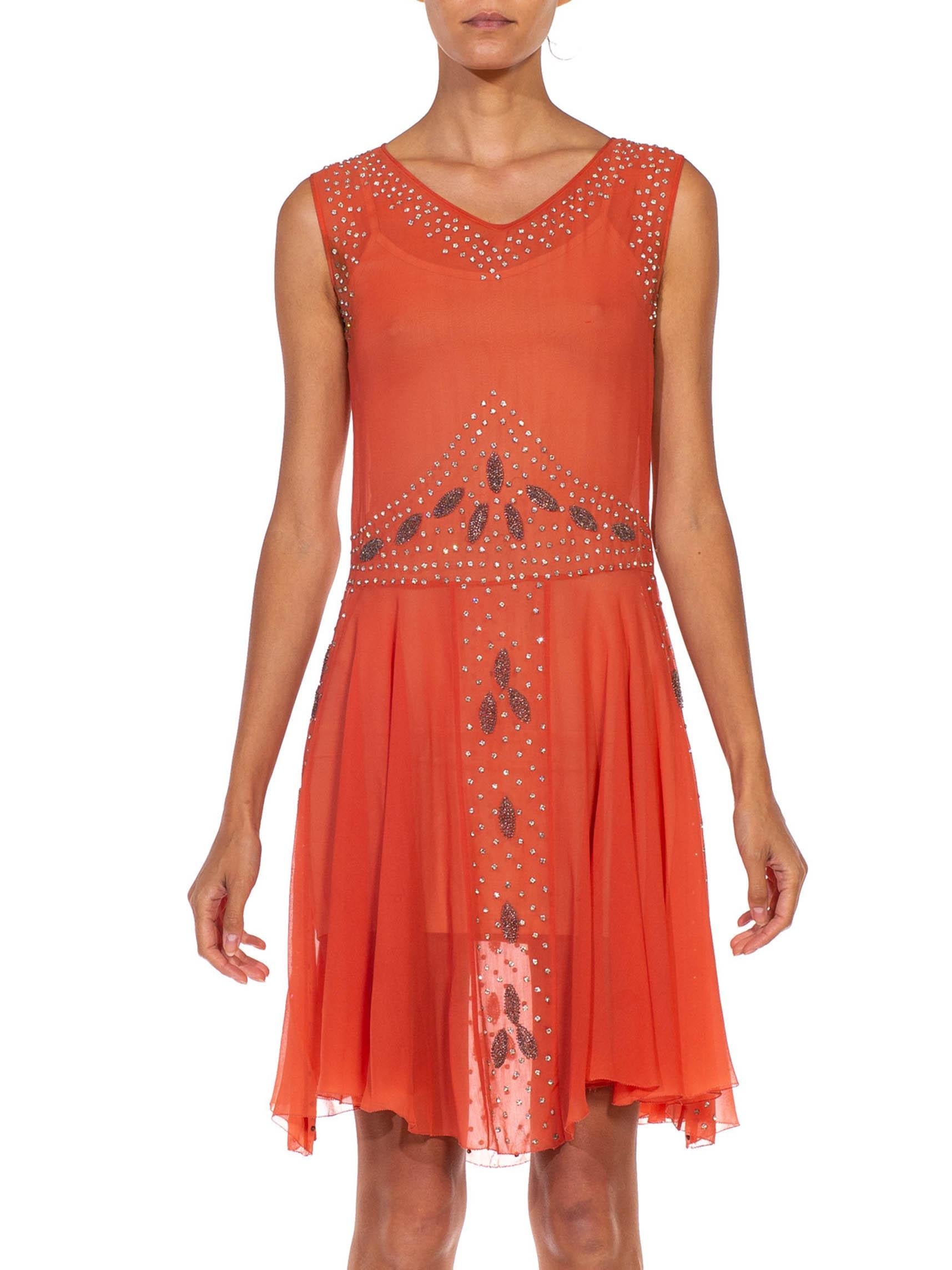 1920S Coral Silk Chiffon Crystal Beaded Flapper Cocktail Dress 1920S Coral Silk Chiffon Crystal Beaded Flapper Cocktail Dress
