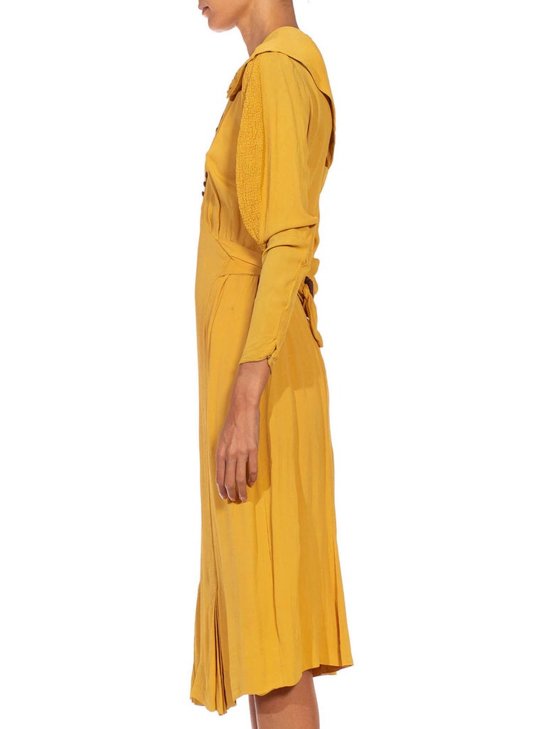 1930S Mustard Yellow Rayon Crepe Caplet Dress With Leg O Mutton Sleeves 1930S Mustard Yellow Rayon Crepe Caplet Dress With Leg O Mutton Sleeves