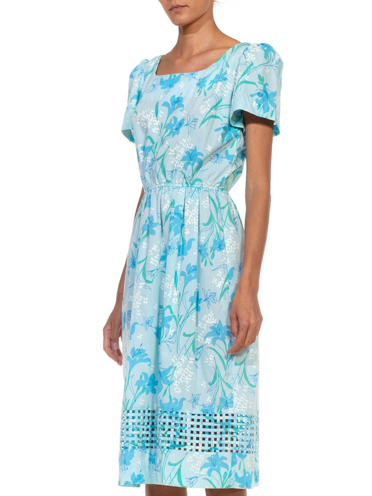 blue and white lilly pulitzer dress 1980S LILLY PULITZER Light Blue Floral Print Cotton Basket Weave Hem Dress With Elastic Waist