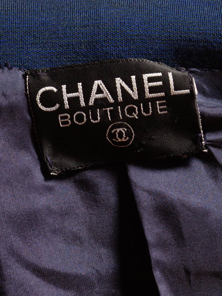 1970s Chanel Navy Blue Wool Blend Jersey Pant Suit with Black Satin Trim & Gold Buttons