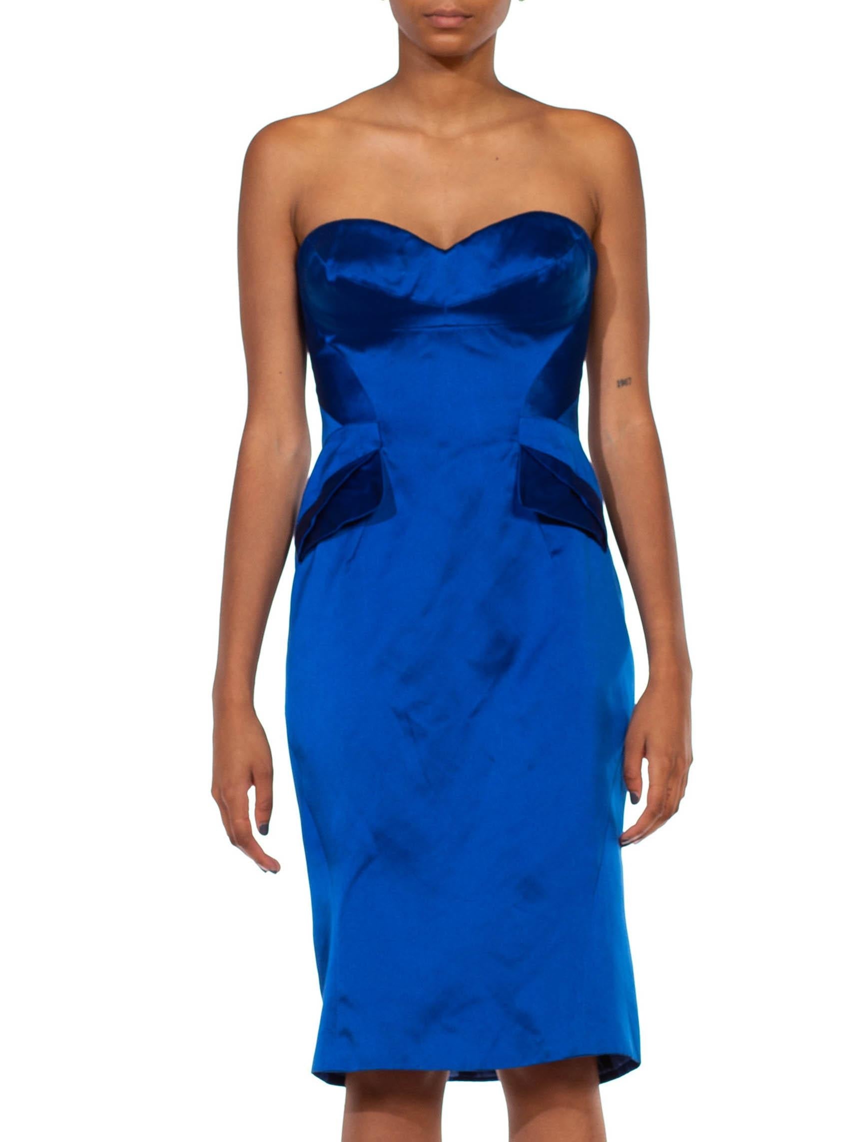 2000S ZAC POSEN Electric Blue Silk Duchess Satin Strapless Cocktail Dress 2000S ZAC POSEN Electric Blue Silk Duchess Satin Strapless Cocktail Dress