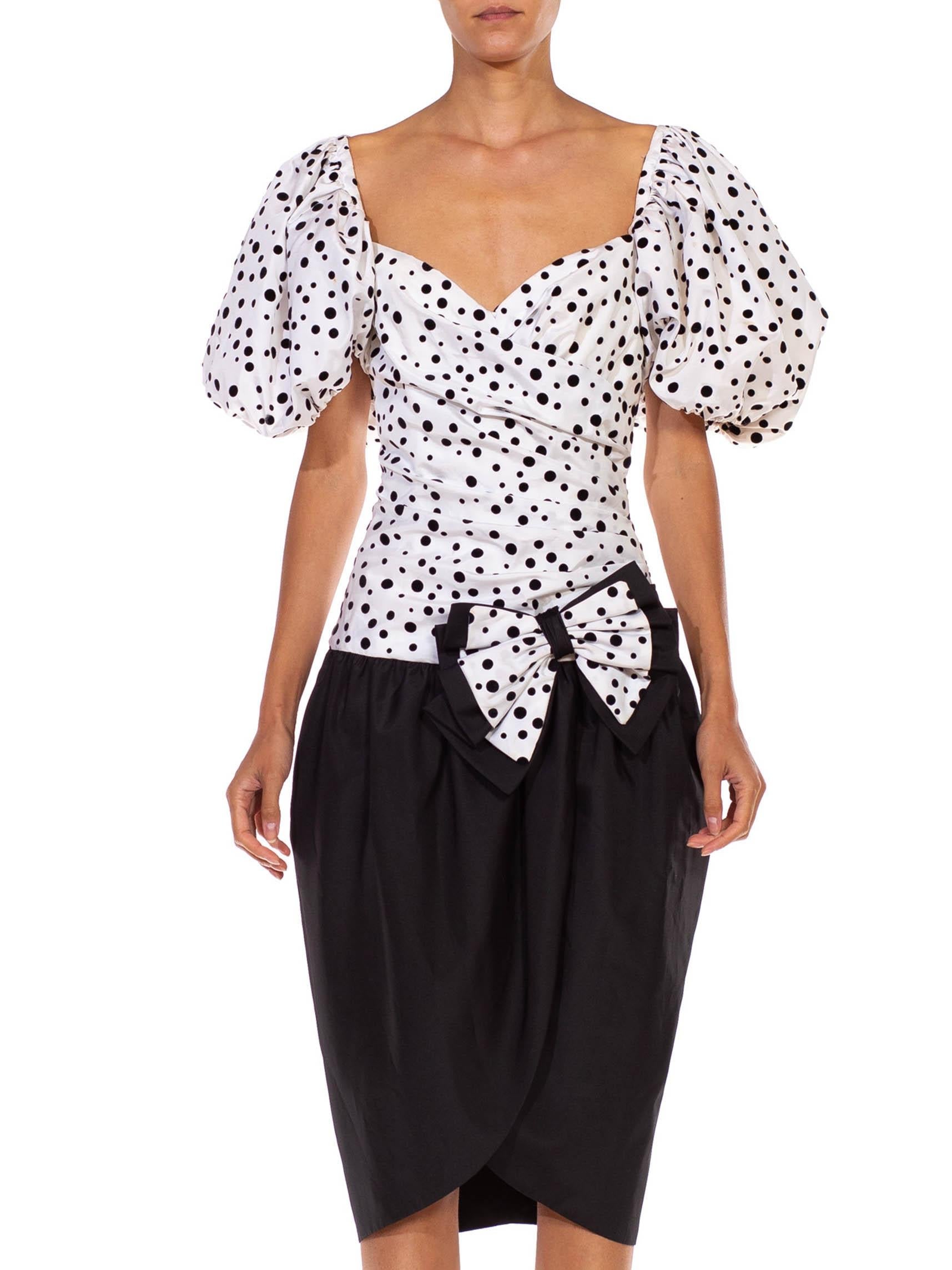 1980S Black & White Polka Dot Puff Sleeve Cocktail Dress With Large Bow 1980S Black & White Polka Dot Puff Sleeve Cocktail Dress With Large Bow
