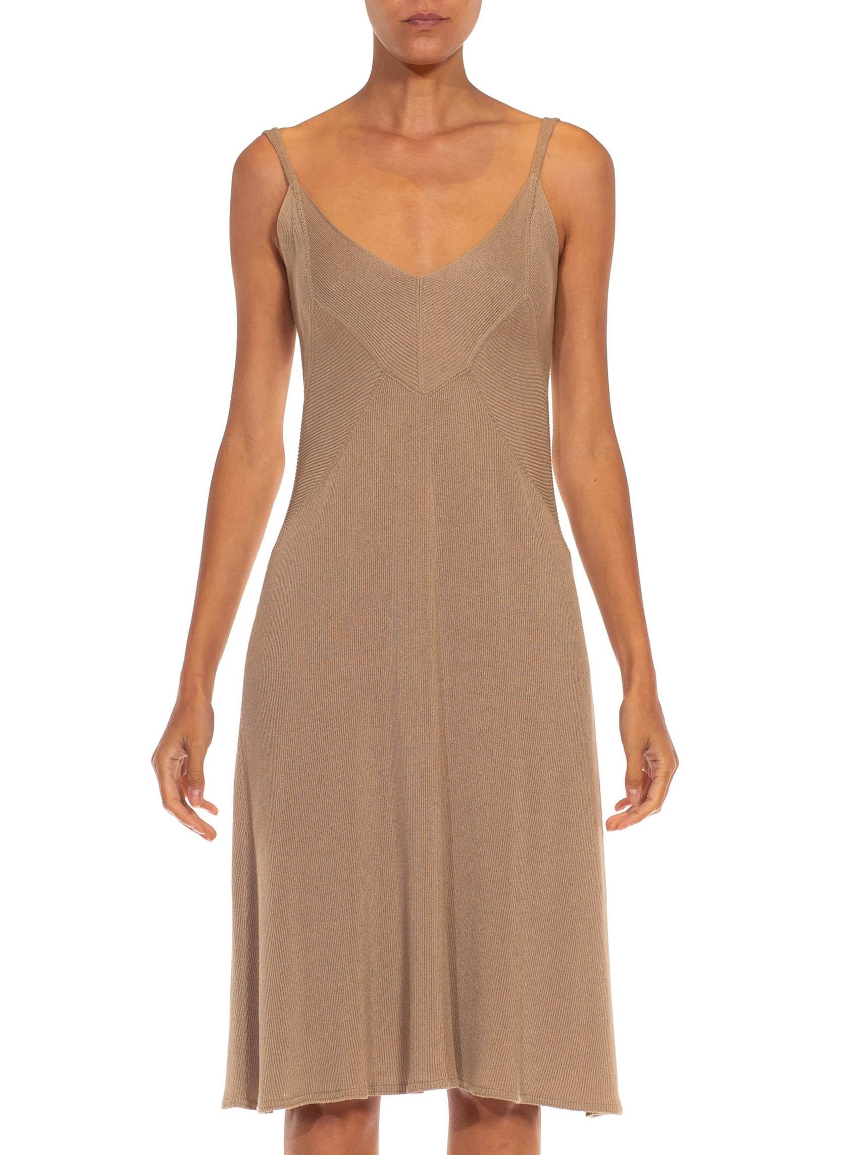 1990S DONNA KARAN Brown Wool Blend Knit Ribbed Original Sample Dress