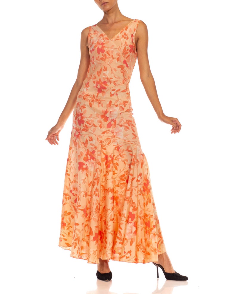 1930S Pink & Orange Floral Rayon Asymmetrical Bias Cut Dress MORPHEW 1930S Pink & Orange Floral Rayon Asymmetrical Bias Cut Dress MORPHEW