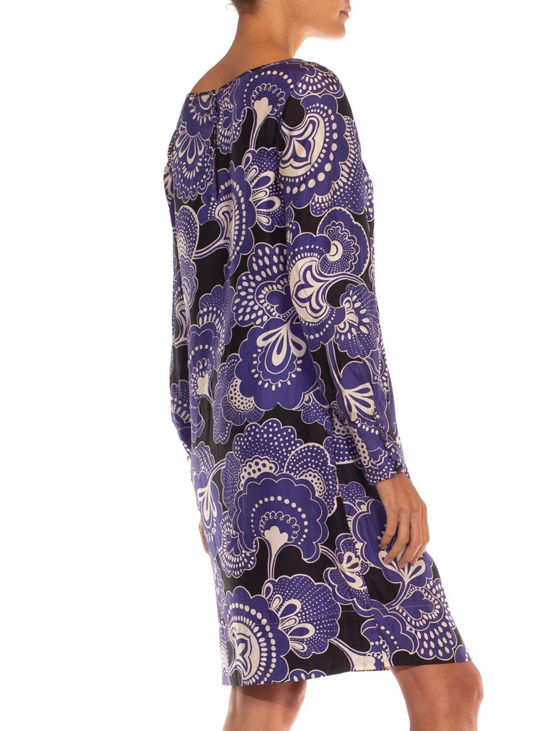 1960S Blue, Black & White Silk Long Sleeve Dress 1960S Blue, Black & White Silk Long Sleeve Dress