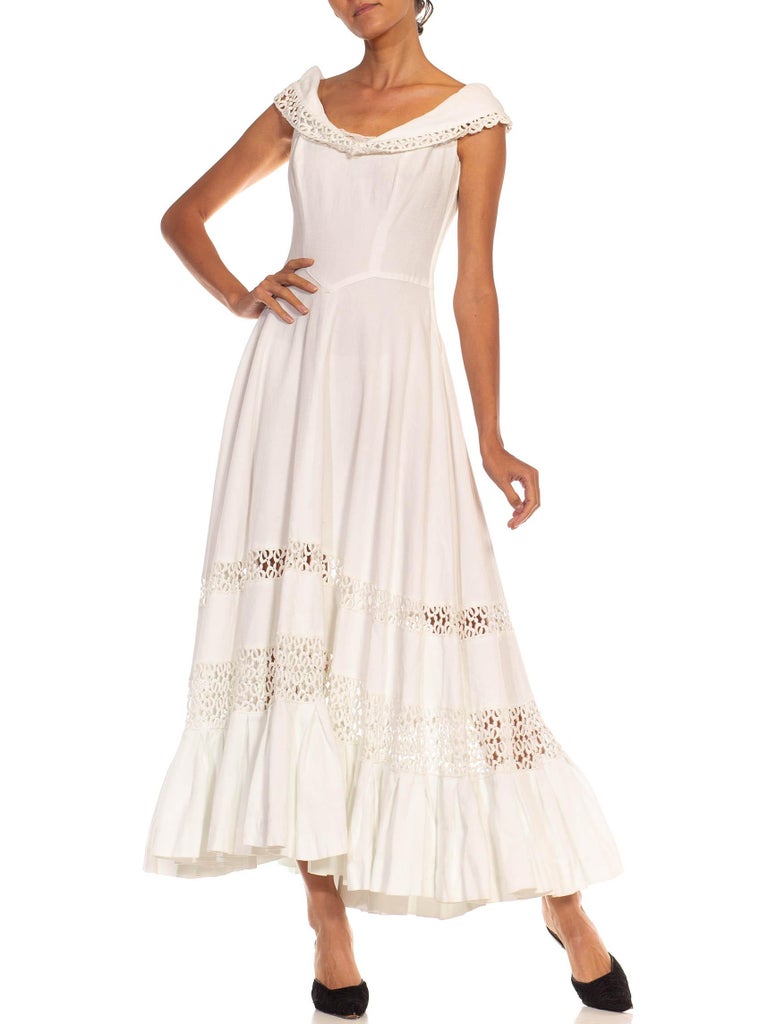 1940S White Cotton Piqué Off Shoulder Dress 1940S White Cotton Piqué Off Shoulder Dress