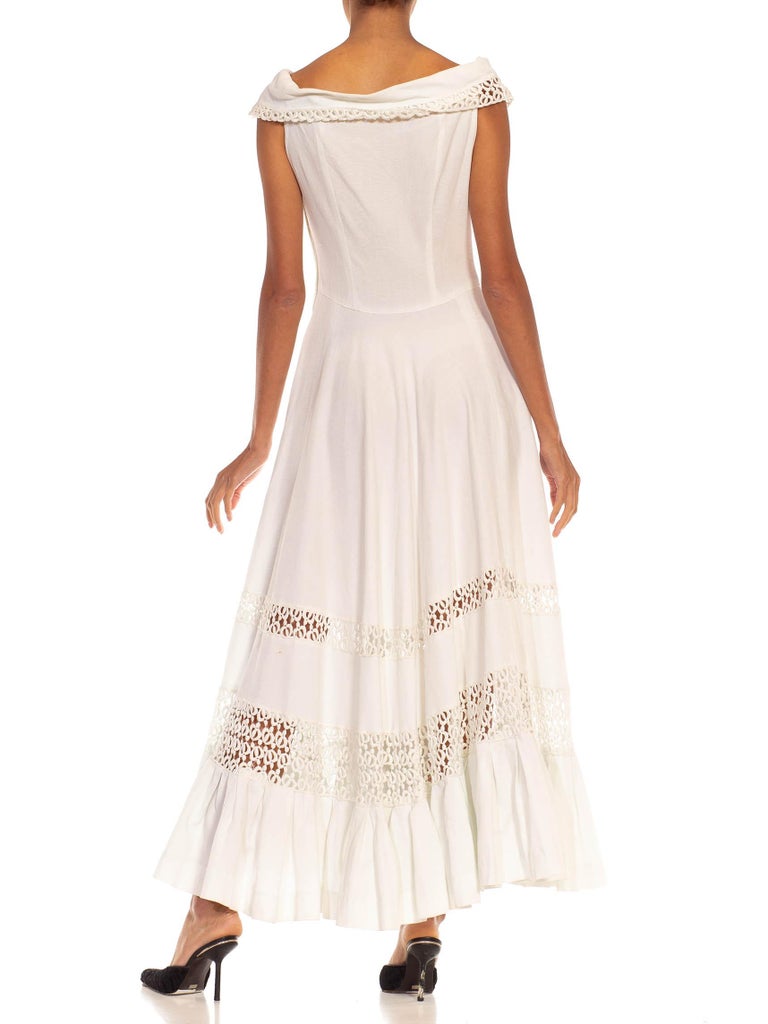 1940s white dress 1940S White Cotton Piqué Off Shoulder Dress