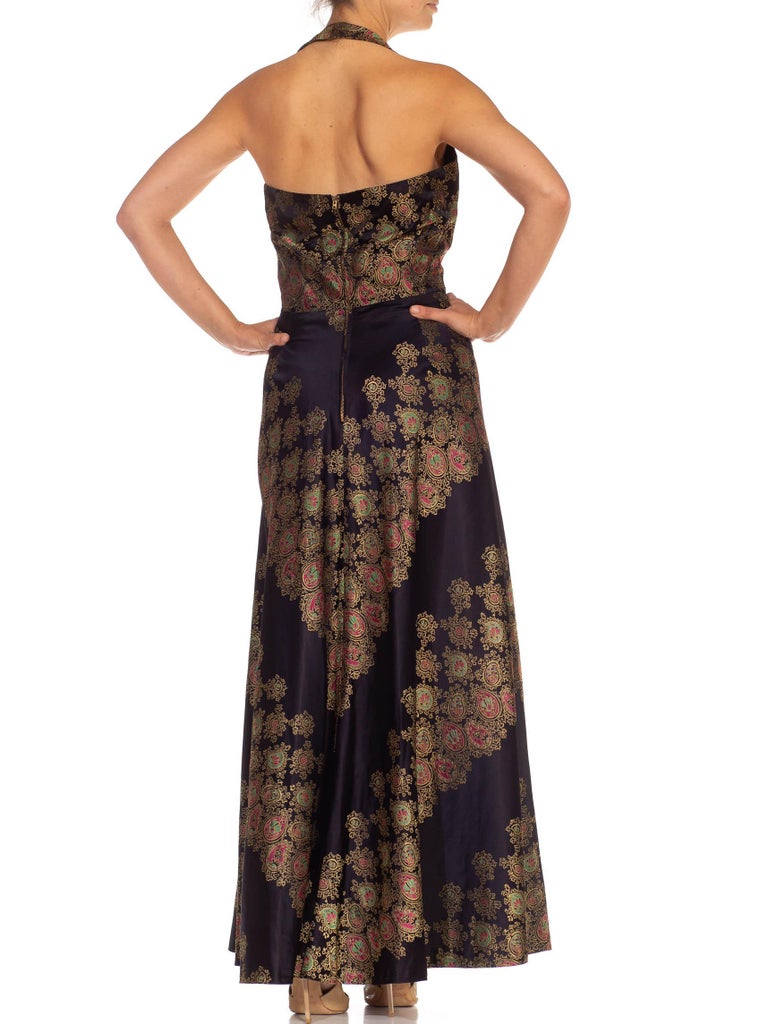 1940S Black & Gold Silk Satin Damask French Demi-Couture Gown 1940S Black & Gold Silk Satin Damask French Demi-Couture Gown