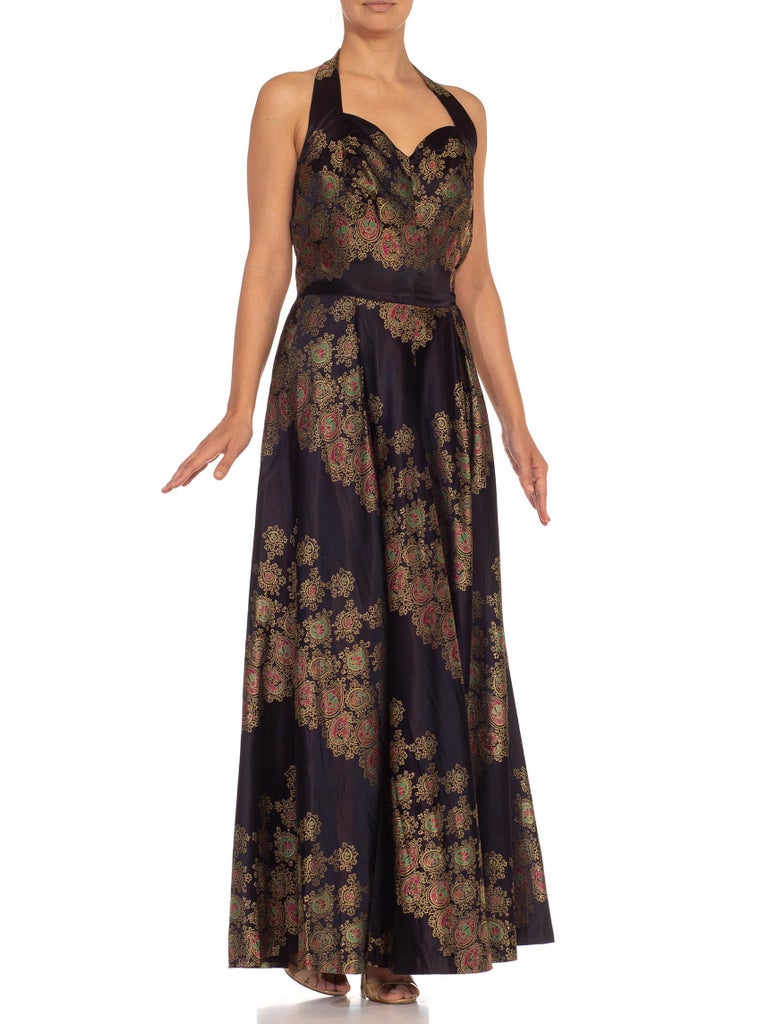 1940S Black & Gold Silk Satin Damask French Demi-Couture Gown 1940S Black & Gold Silk Satin Damask French Demi-Couture Gown
