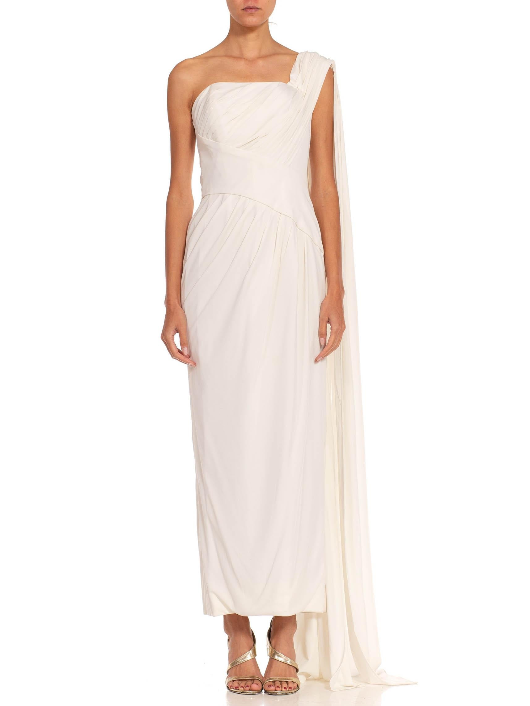 1980S White Polyester Blend Grecian Inspired Style Draped Gown With Boning 1980S White Polyester Blend Grecian Inspired Style Draped Gown With Boning