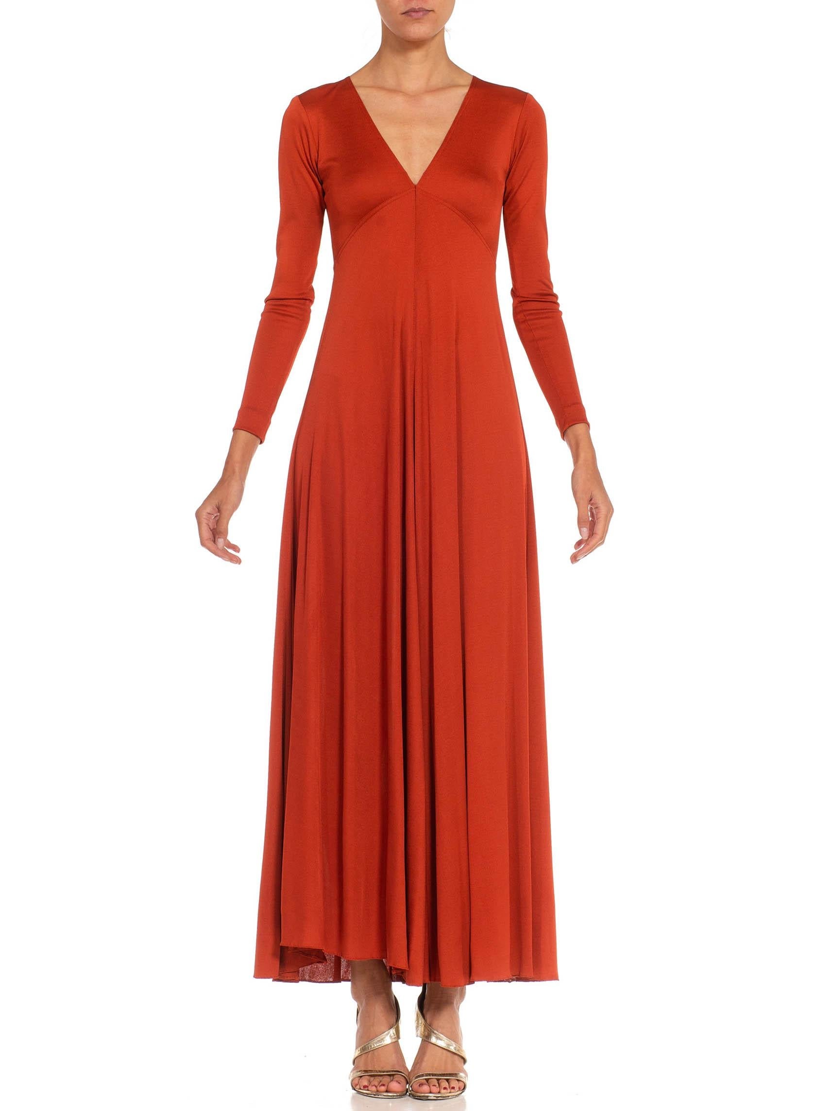 1970s Scott Barie Burnt Orange Rayon Jersey Sexy Long Sleeve Gown 1970s Scott Barie Burnt Orange Rayon Jersey Sexy Long Sleeve Gown