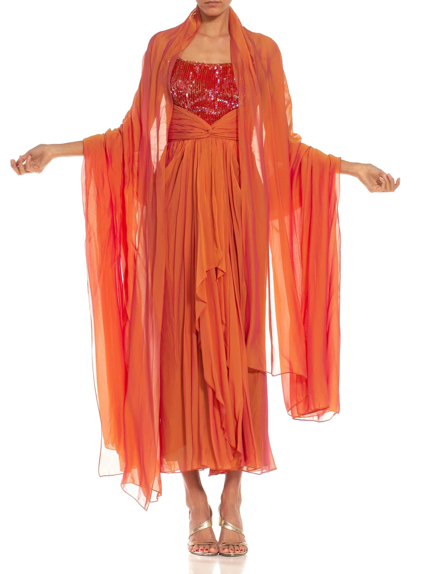 1980S BOB MACKIE Golden Orange Irridescent Silk Chiffon Beaded Gown With Matching Shawl 1980S BOB MACKIE Golden Orange Irridescent Silk Chiffon Beaded Gown With Matching Shawl