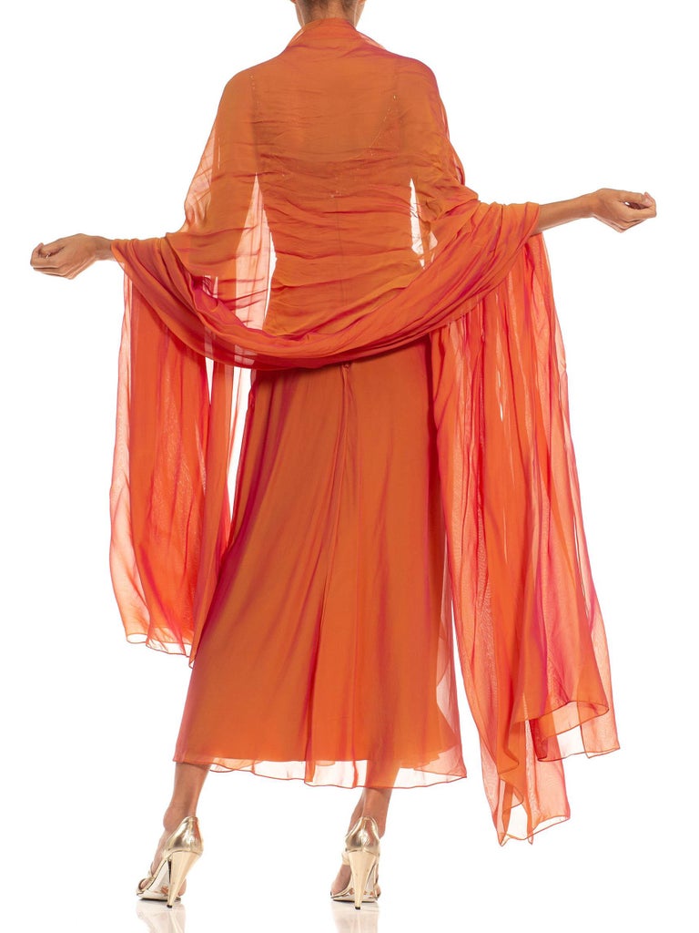bob mackie orange dress 1980S BOB MACKIE Golden Orange Irridescent Silk Chiffon Beaded Gown With Matching Shawl