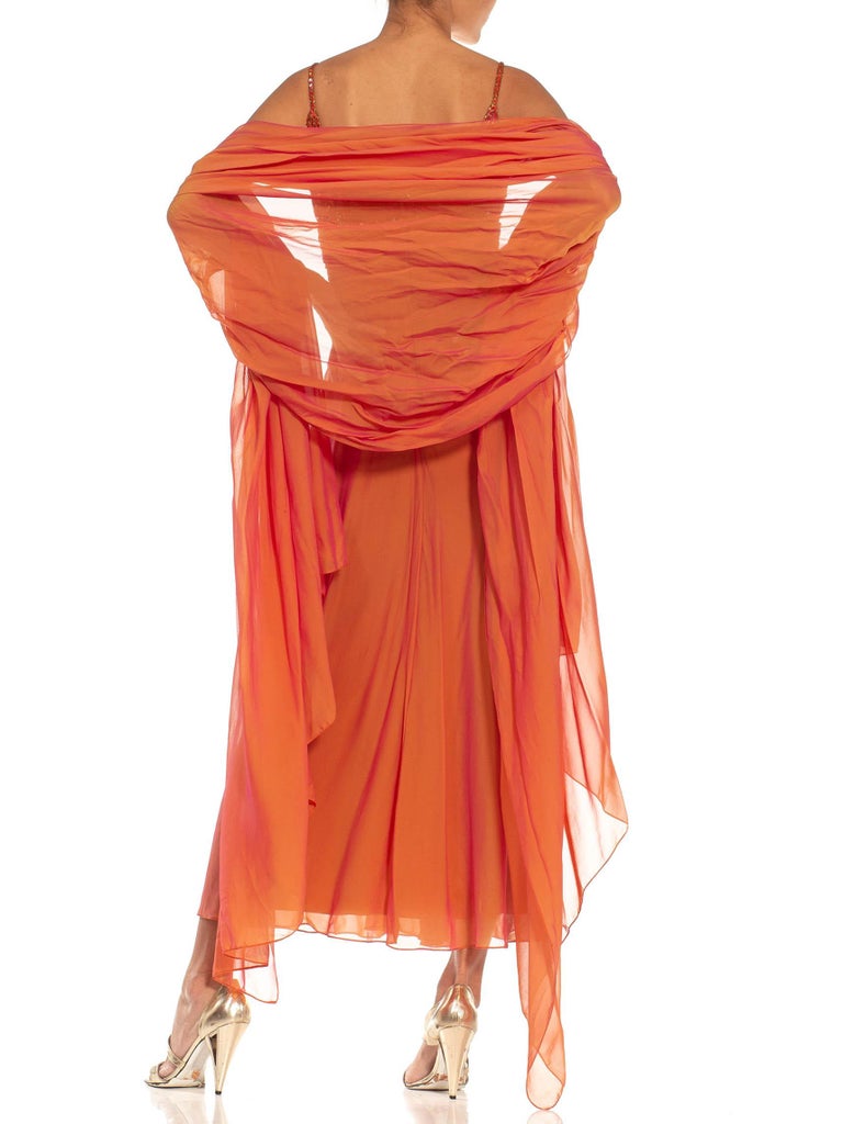 bob mackie dress orange 1980S BOB MACKIE Golden Orange Irridescent Silk Chiffon Beaded Gown With Matching Shawl