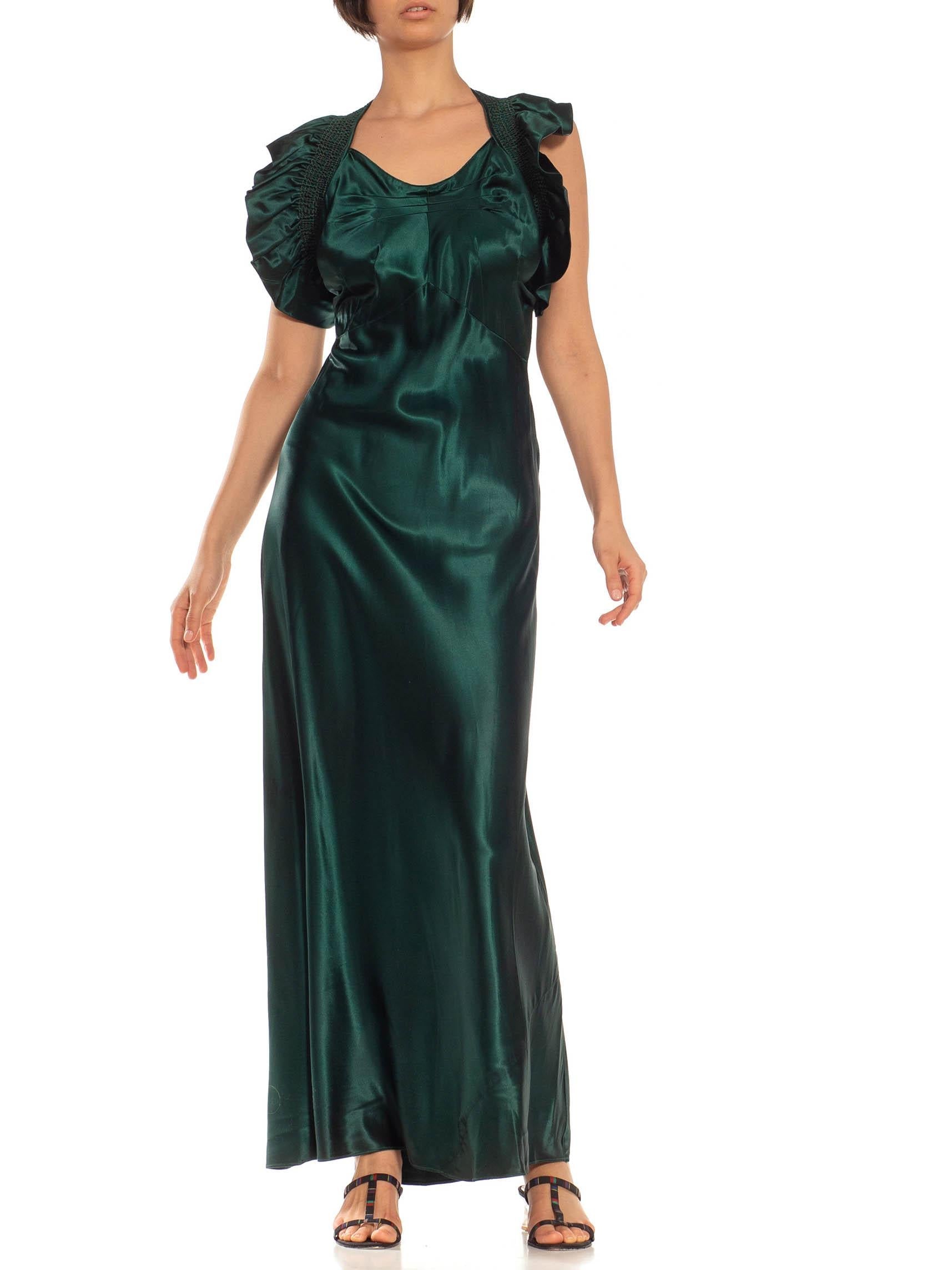 1930S Emerald Green Bias Cut Acetate Duchess Satin Open Back Ruffled Gown 1930S Emerald Green Bias Cut Acetate Duchess Satin Open Back Ruffled Gown