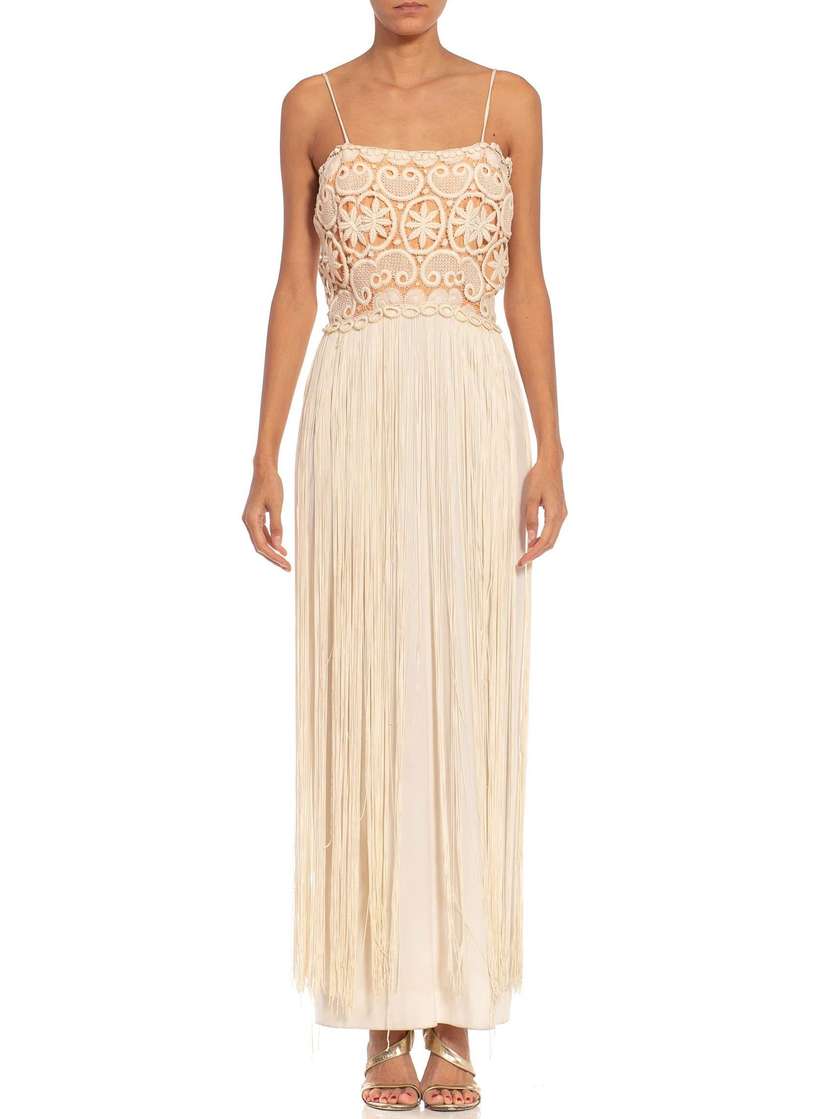 1970S Cream & Tan Lace Fringe Gown 1970S Cream & Tan Lace Fringe Gown