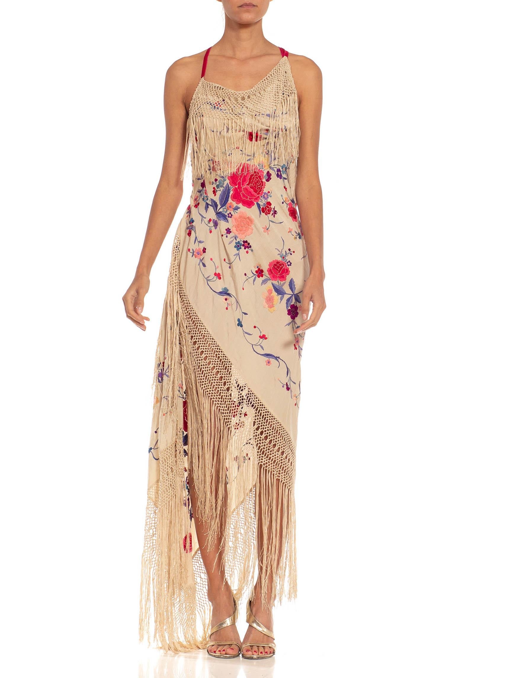 MORPHEW ATELIER Beige Bias Cut Fringed Dress Made From 1920S Hand-Embroidered Silk MORPHEW ATELIER Beige Bias Cut Fringed Dress Made From 1920S Hand-Embroidered Silk