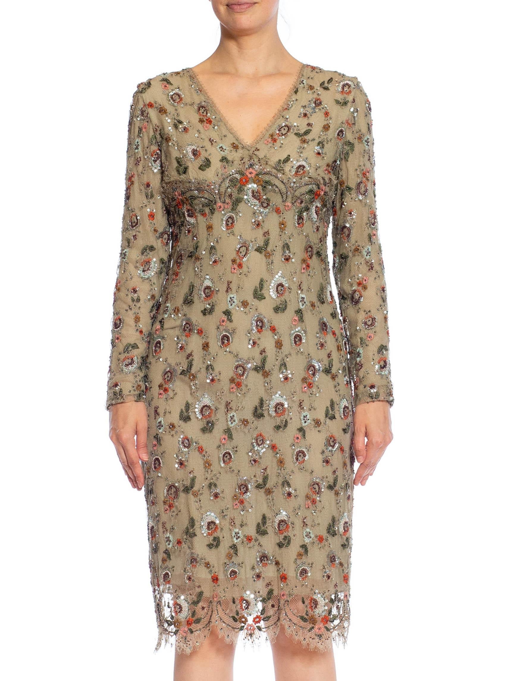 1990S OSCAR de LA RENTA Off White Silk Fully Beaded & Crystal Encrusted Cocktail Dress
