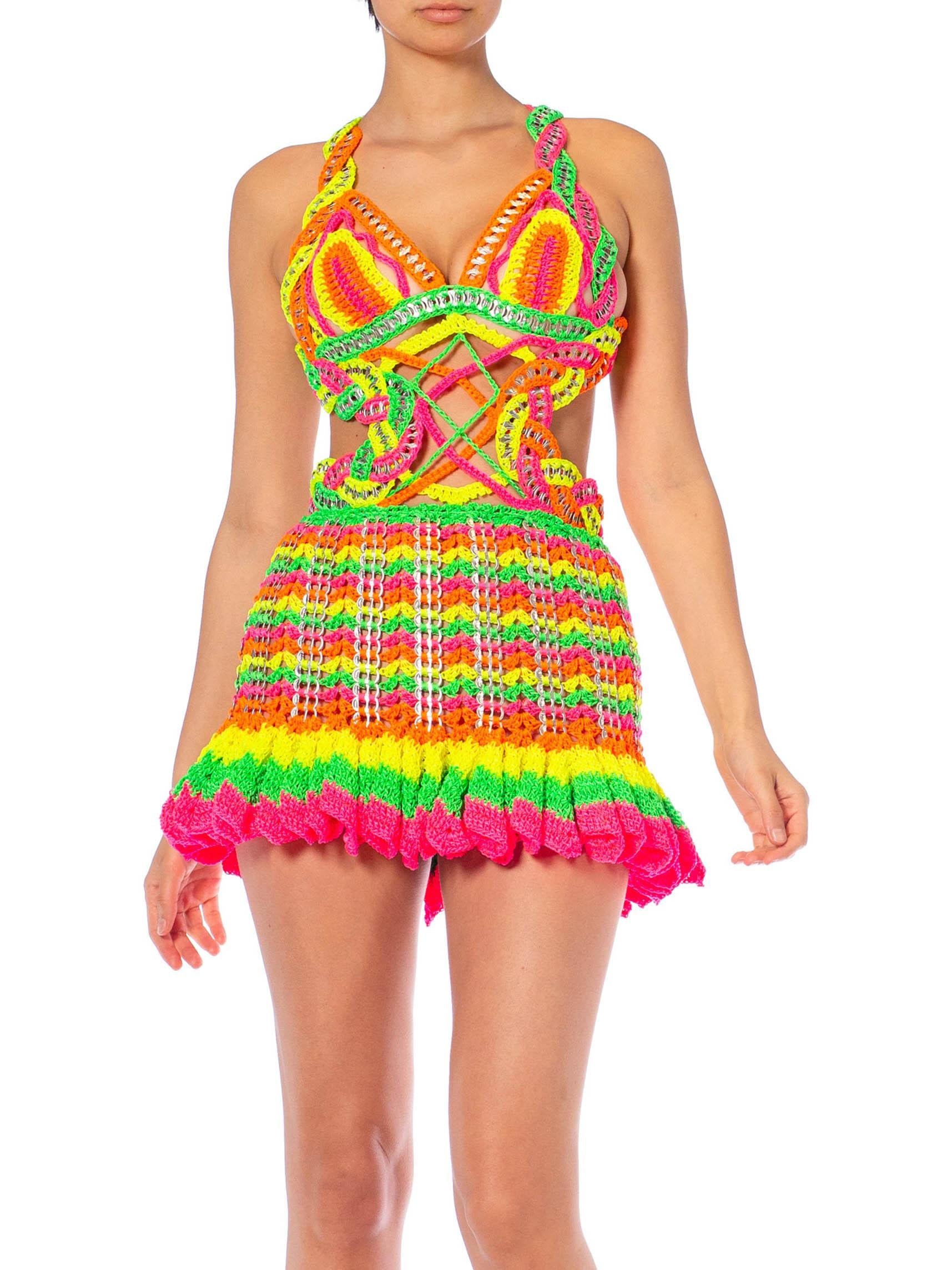 MORPHEW COLLECTION Neon Multi Nylon Hand-Crochet & Upcycled Beer Tab Cocktail Dress MORPHEW COLLECTION Neon Multi Nylon Hand-Crochet & Upcycled Beer Tab Cocktail Dress