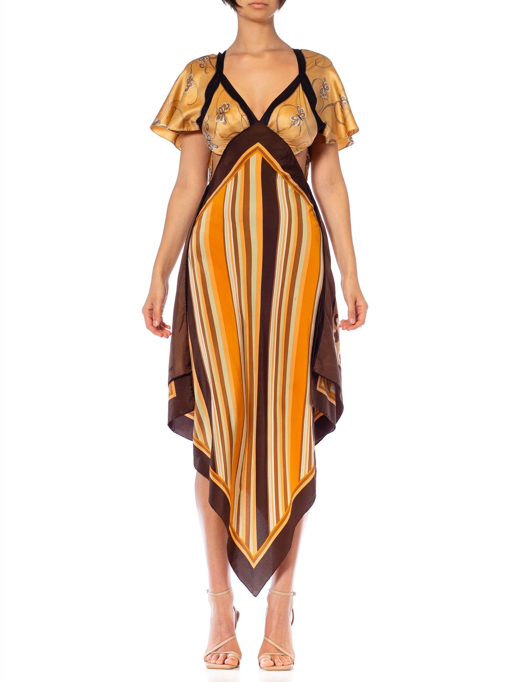 MORPHEW COLLECTION Brown, Orange & Cream Silk Stripe Butterfly 3-Scarf Dress Made From Vintage Scarf MORPHEW COLLECTION Brown, Orange & Cream Silk Stripe Butterfly 3-Scarf Dress Made From Vintage Scarf
