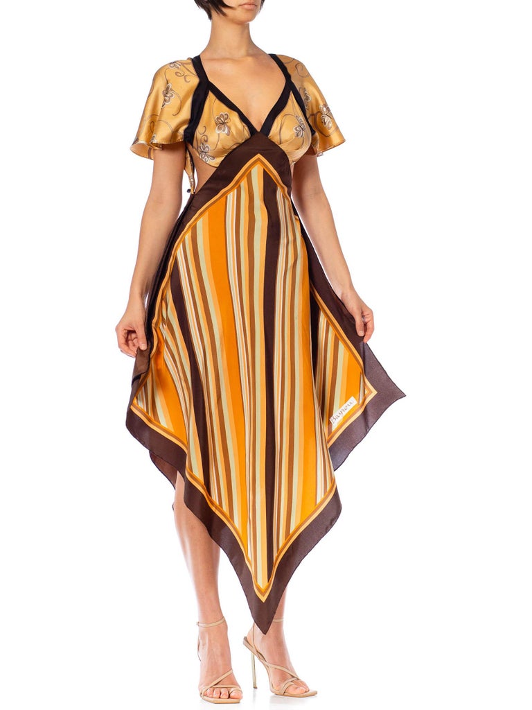 MORPHEW Collection Brown, Orange & Cream Silk Stripe Butterfly 3-Scarf Dress Made from Vintage Scarf MORPHEW Collection Brown, Orange & Cream Silk Stripe Butterfly 3-Scarf Dress Made from Vintage Scarf