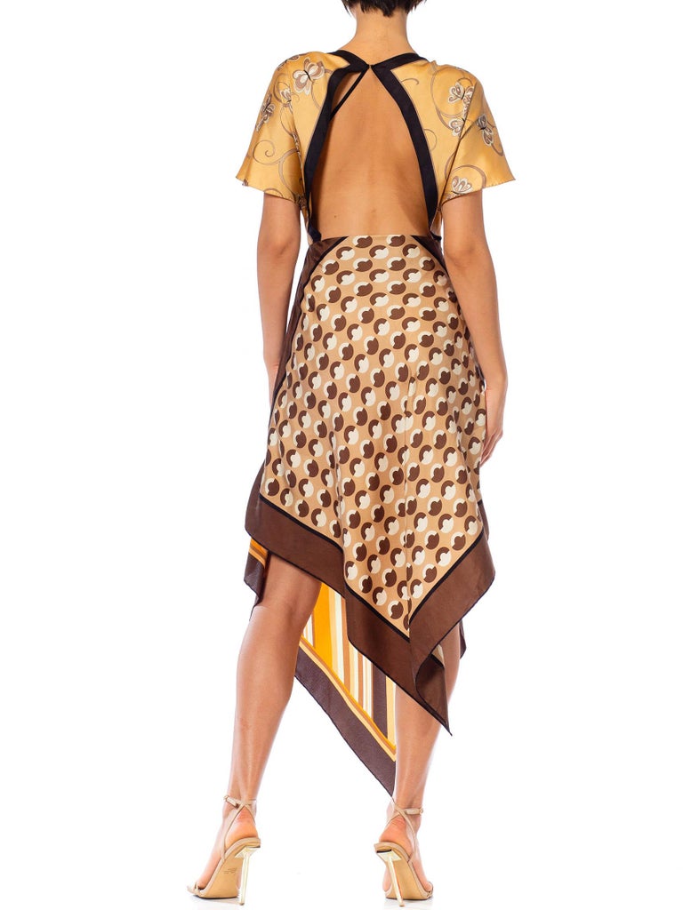 MORPHEW COLLECTION Brown, Orange & Cream Silk Stripe Butterfly 3-Scarf Dress Made From Vintage Scarf MORPHEW COLLECTION Brown, Orange & Cream Silk Stripe Butterfly 3-Scarf Dress Made From Vintage Scarf