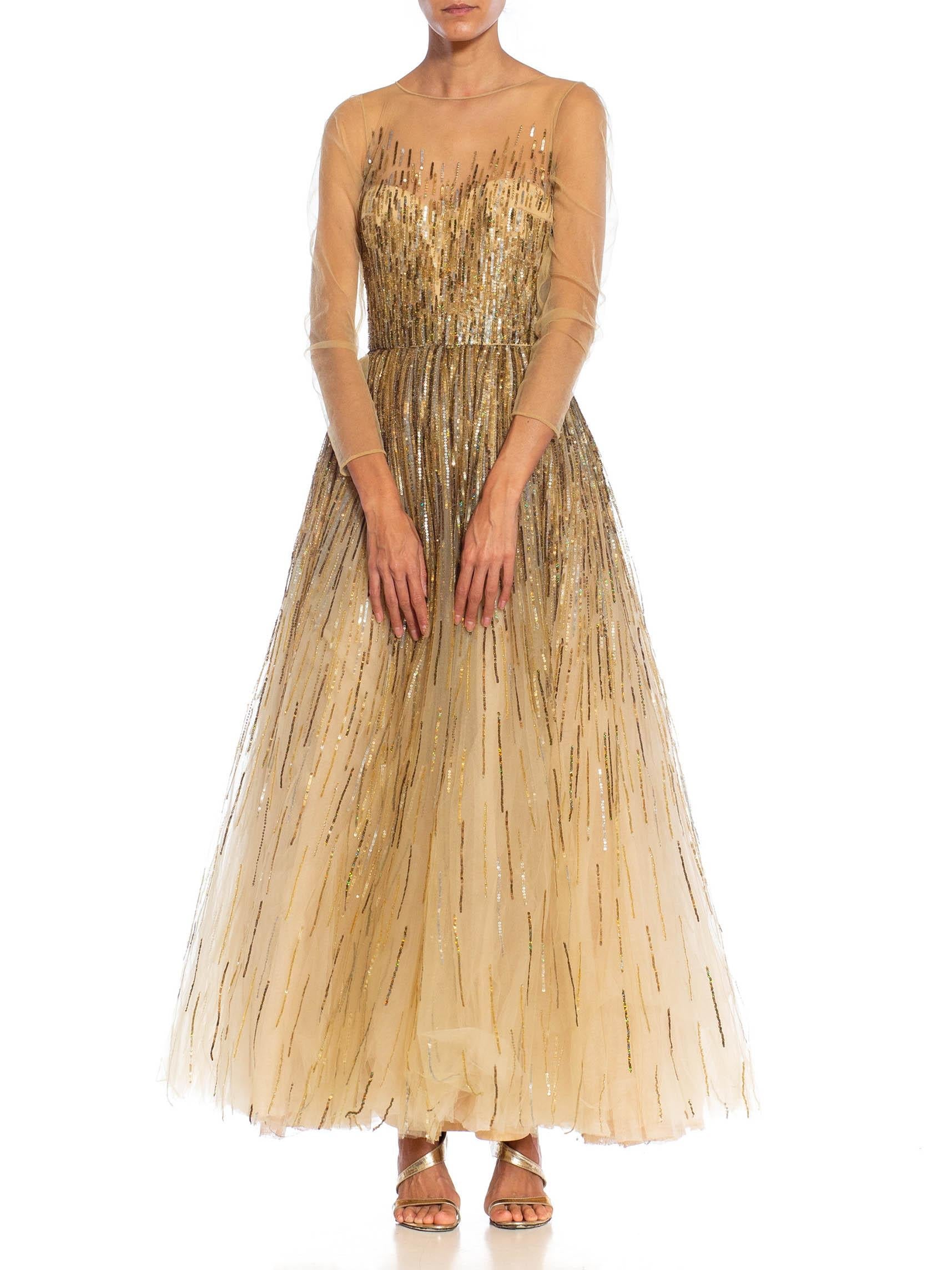 2000S OSCAR de LA RENTA Champagne Beaded Tulle Gown & Shawl 2000S OSCAR de LA RENTA Champagne Beaded Tulle Gown & Shawl