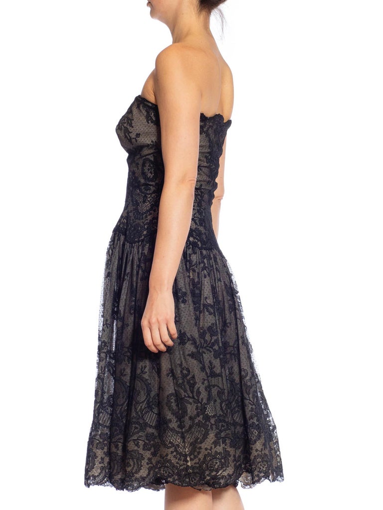 1950S Black Floral Lace Strapless Fit & Flare Cocktail Dress From Paris 1950S Black Floral Lace Strapless Fit & Flare Cocktail Dress From Paris