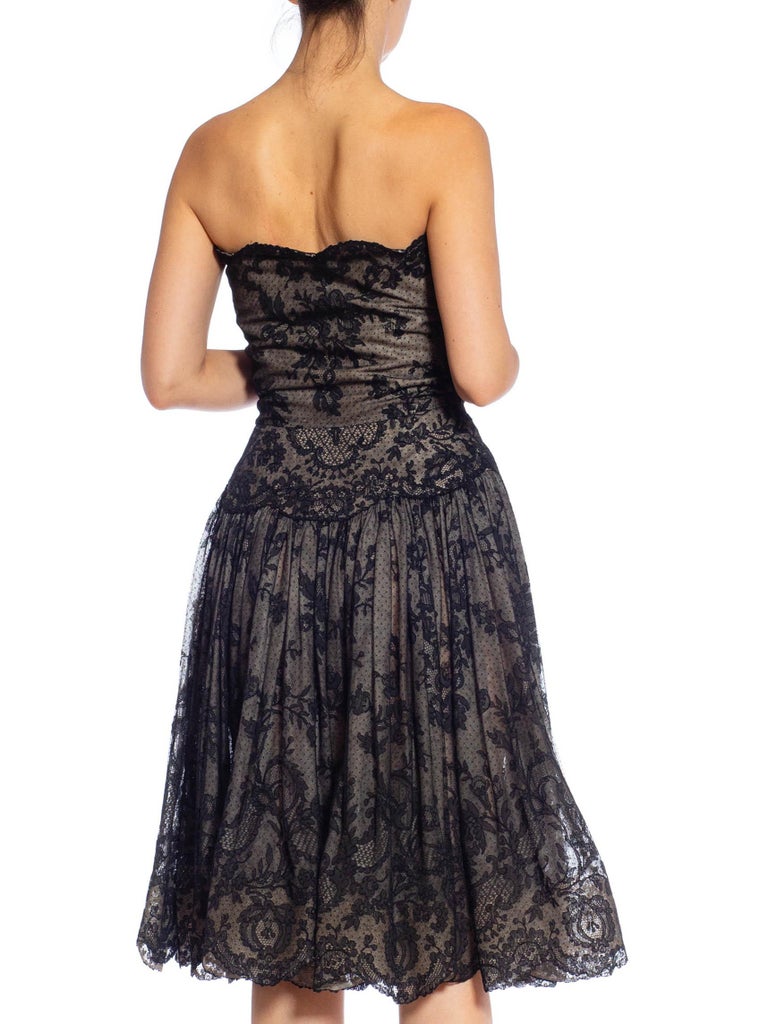 1950S Black Floral Lace Strapless Fit & Flare Cocktail Dress From Pari