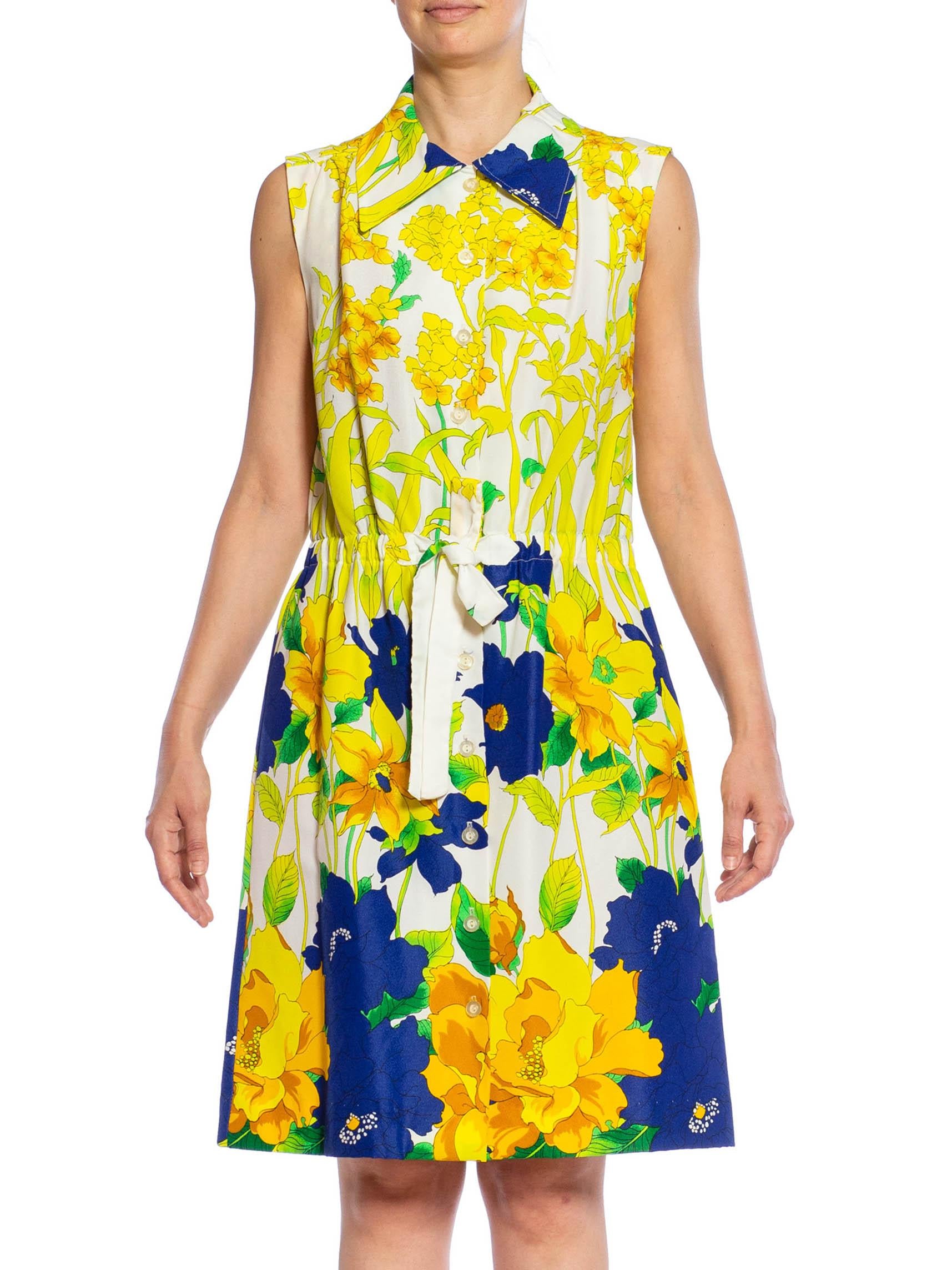 1960S White, Lemon Green & Navy Blue Polyester Crepe Floral Sleeveless Dress 1960S White, Lemon Green & Navy Blue Polyester Crepe Floral Sleeveless Dress