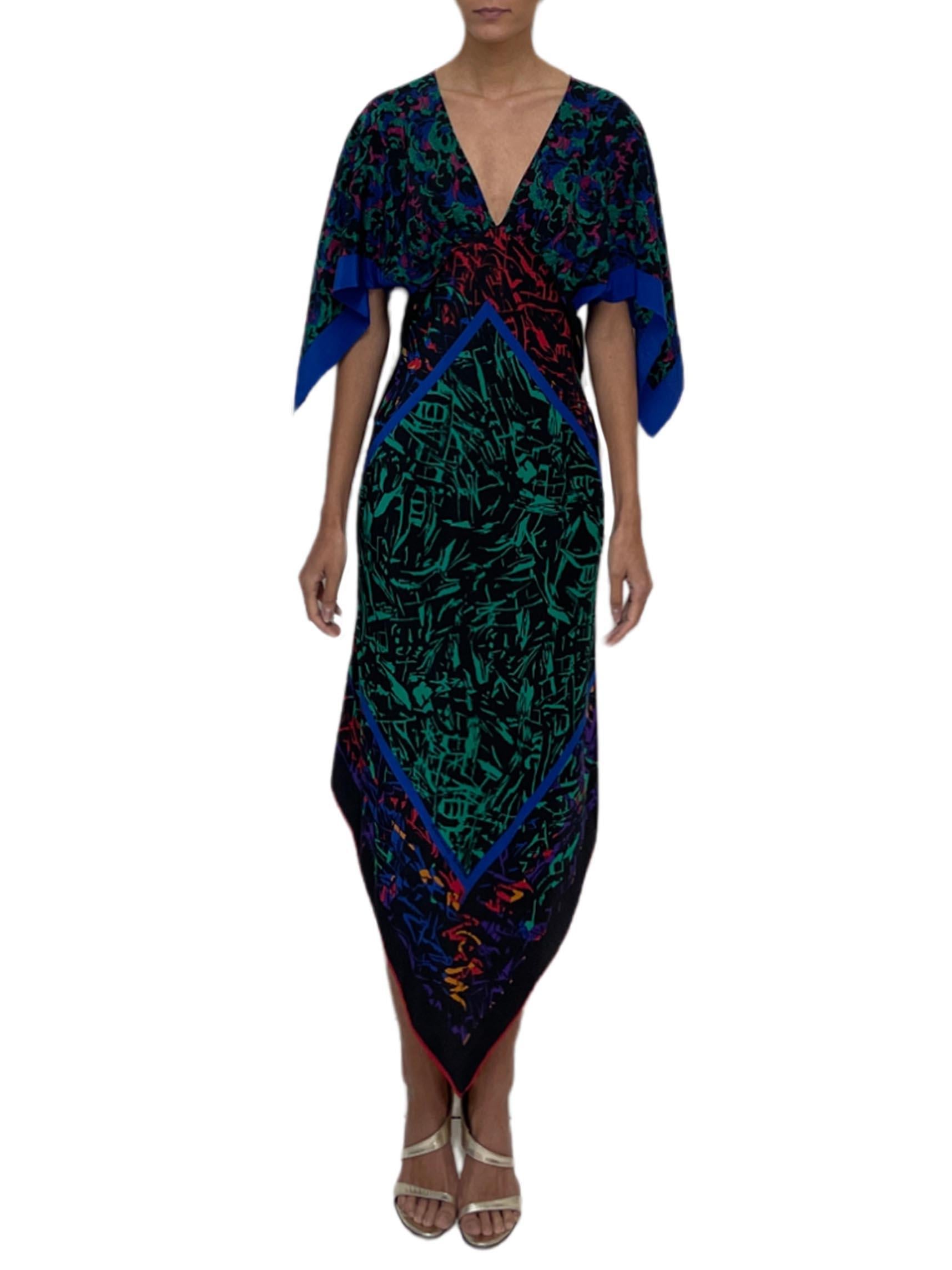 MORPHEW COLLECTION Black, Blue & Green Silk 2-Scarf Dress Made From Jean-Louis Scherrer Vintage Scarves MORPHEW COLLECTION Black, Blue & Green Silk 2-Scarf Dress Made From Jean-Louis Scherrer Vintage Scarves