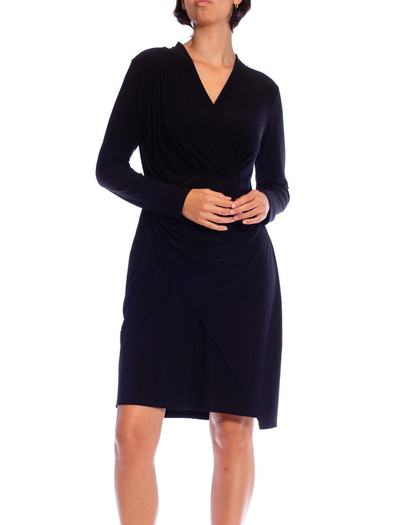 1990S DONNA KARAN Black Poly/Lycra Jersey Slinky Long Sleeve Cocktail Dress XL 1990S DONNA KARAN Black Poly/Lycra Jersey Slinky Long Sleeve Cocktail Dress XL