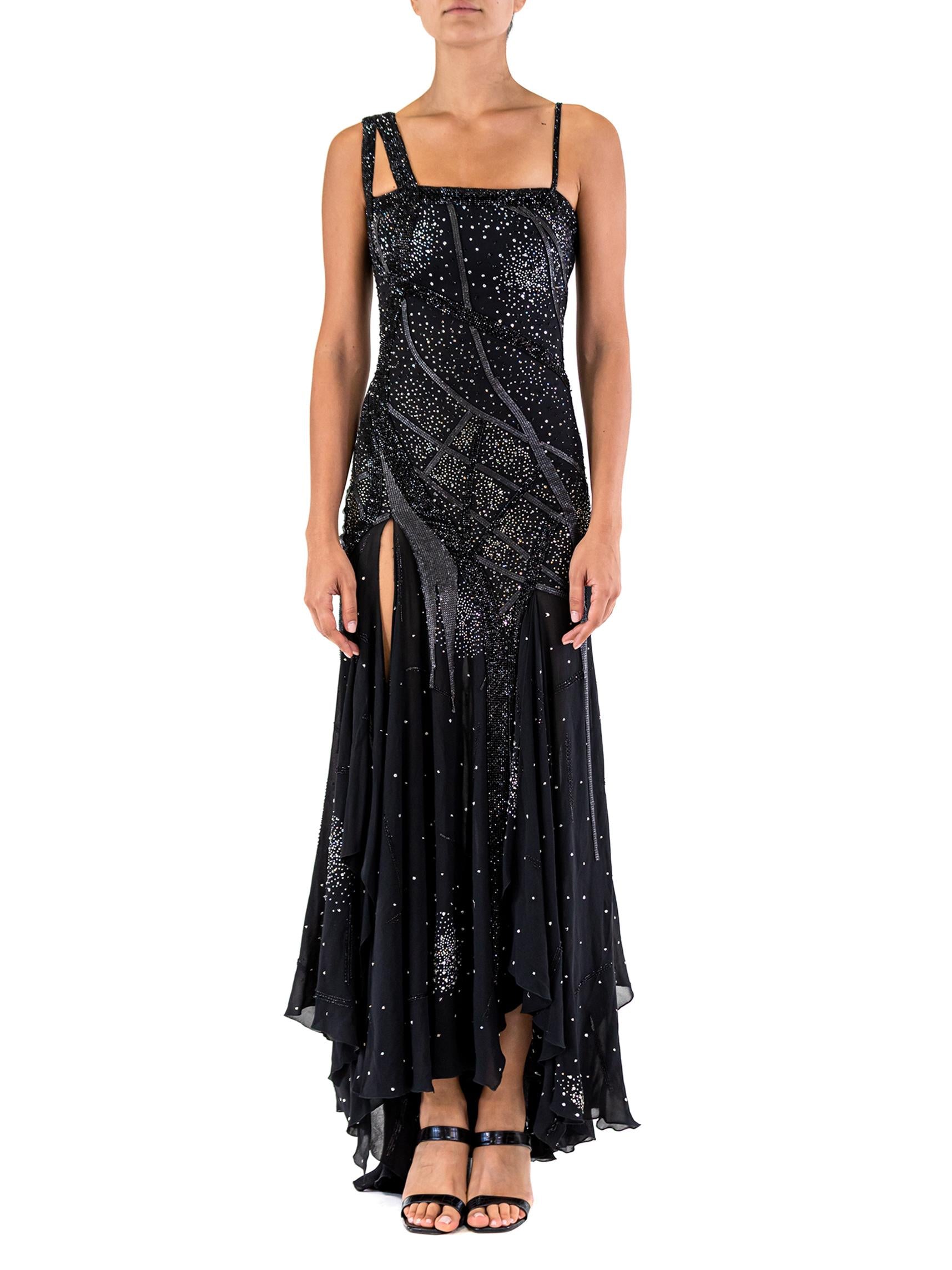 2000S ATELIER VERSACE GIANNI Black Silk Chiffon Haute Couture Crystal Beaded Gown Embellished With Metal Mesh 2000S ATELIER VERSACE GIANNI Black Silk Chiffon Haute Couture Crystal Beaded Gown Embellished With Metal Mesh