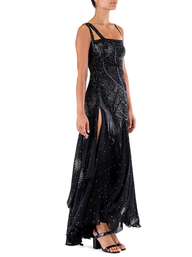2000s Atelier Versace Gianni Black Silk Chiffon Haute Couture Crystal Beaded Gown Embellished with Metal Mesh 2000s Atelier Versace Gianni Black Silk Chiffon Haute Couture Crystal Beaded Gown Embellished with Metal Mesh