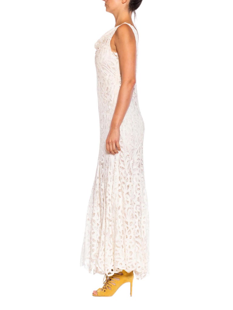 1990S White Hand Done Cotton Blend Battenburg Lace Cowl Neck Gown With Low Back 1990S White Hand Done Cotton Blend Battenburg Lace Cowl Neck Gown With Low Back