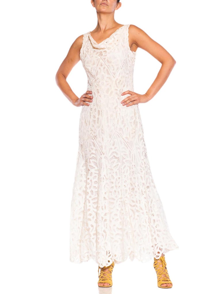 1990S White Hand Done Cotton Blend Battenburg Lace Cowl Neck Gown With Low Back 1990S White Hand Done Cotton Blend Battenburg Lace Cowl Neck Gown With Low Back