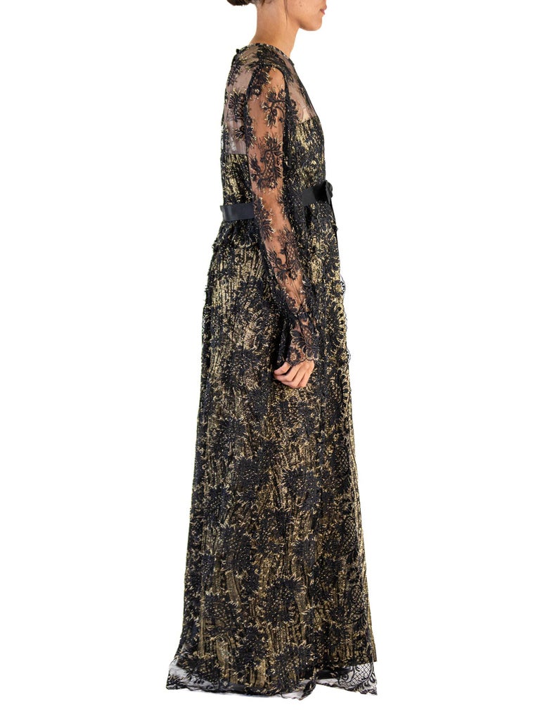 1970s Black & Gold Silk Lurex Jacquard Empire Waist Lace Overlay Gown with Sleeves 1970s Black & Gold Silk Lurex Jacquard Empire Waist Lace Overlay Gown with Sleeves