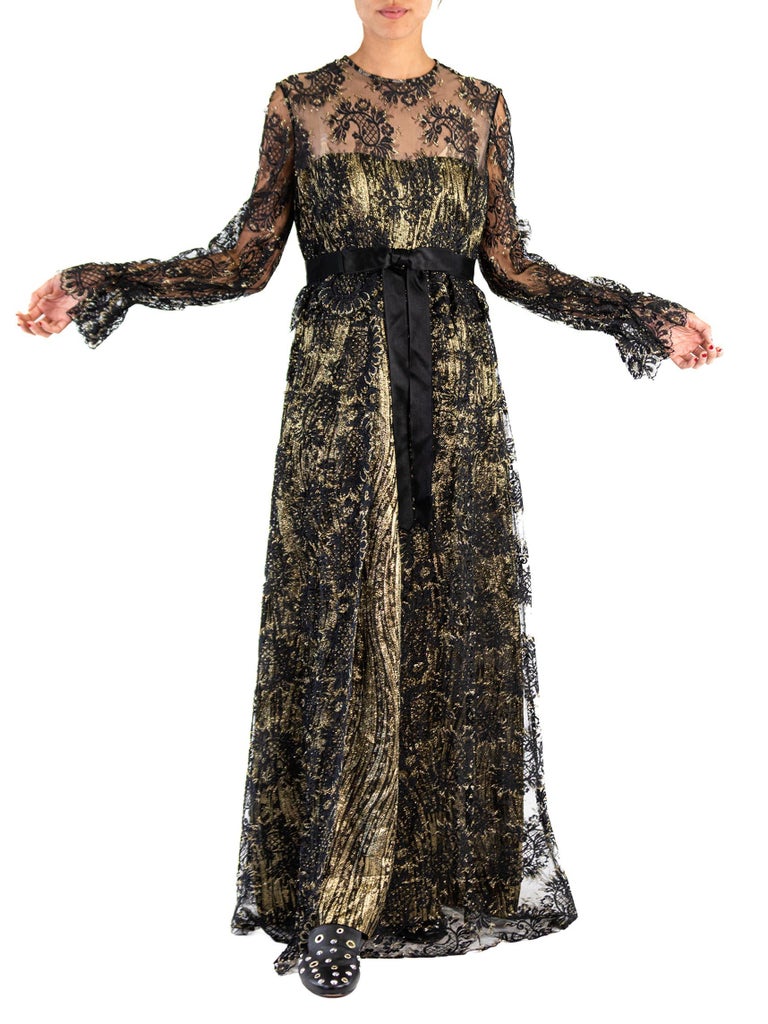 1970S Black & Gold Silk Lurex Jacquard Empire Waist Lace Overlay Gown With Sleeves 1970S Black & Gold Silk Lurex Jacquard Empire Waist Lace Overlay Gown With Sleeves