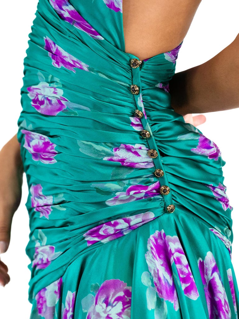 1980S EMANUEL UNGARO Green & Purple Floral Print Silk Charmeuse Ruched Waist Dress With Pink 1980S EMANUEL UNGARO Green & Purple Floral Print Silk Charmeuse Ruched Waist Dress With Pink