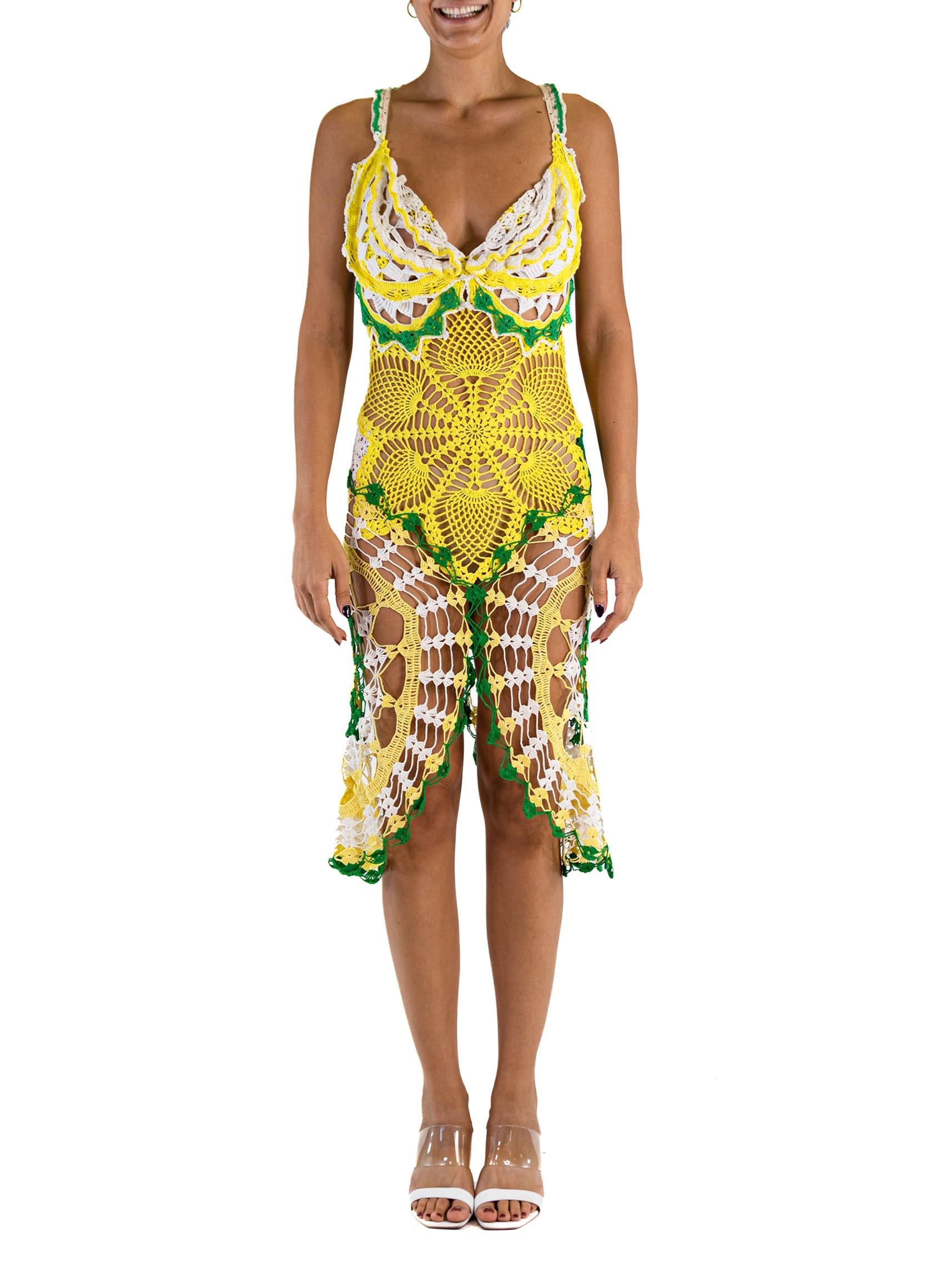 MORPHEW COLLECTION Yellow & Green Cotton Crochet Lace Mid Dress MORPHEW COLLECTION Yellow & Green Cotton Crochet Lace Mid Dress
