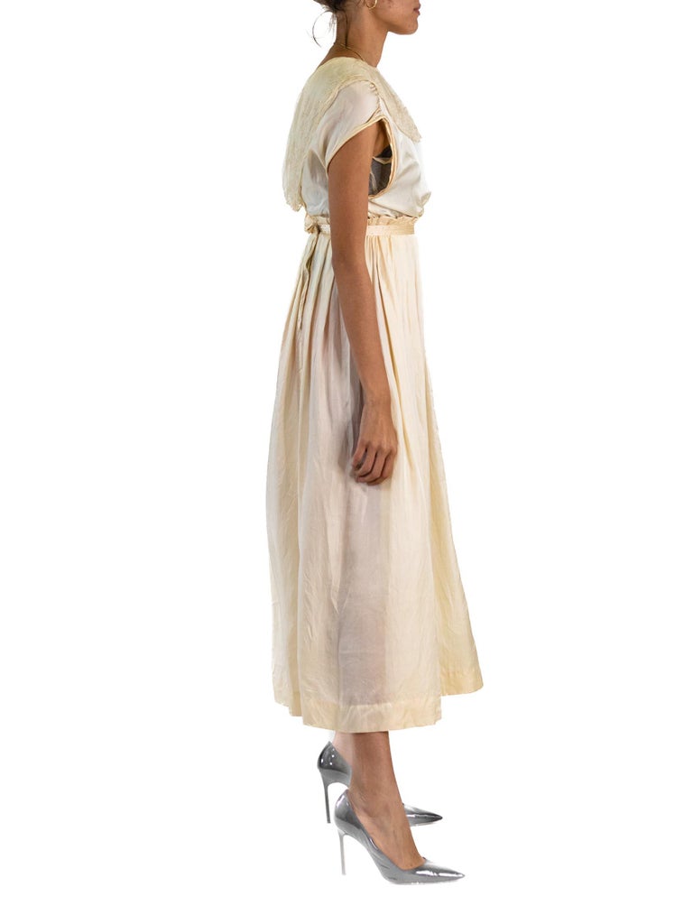 Edwardian Cream Silk Antique Lace Empire Waist Dress Edwardian Cream Silk Antique Lace Empire Waist Dress