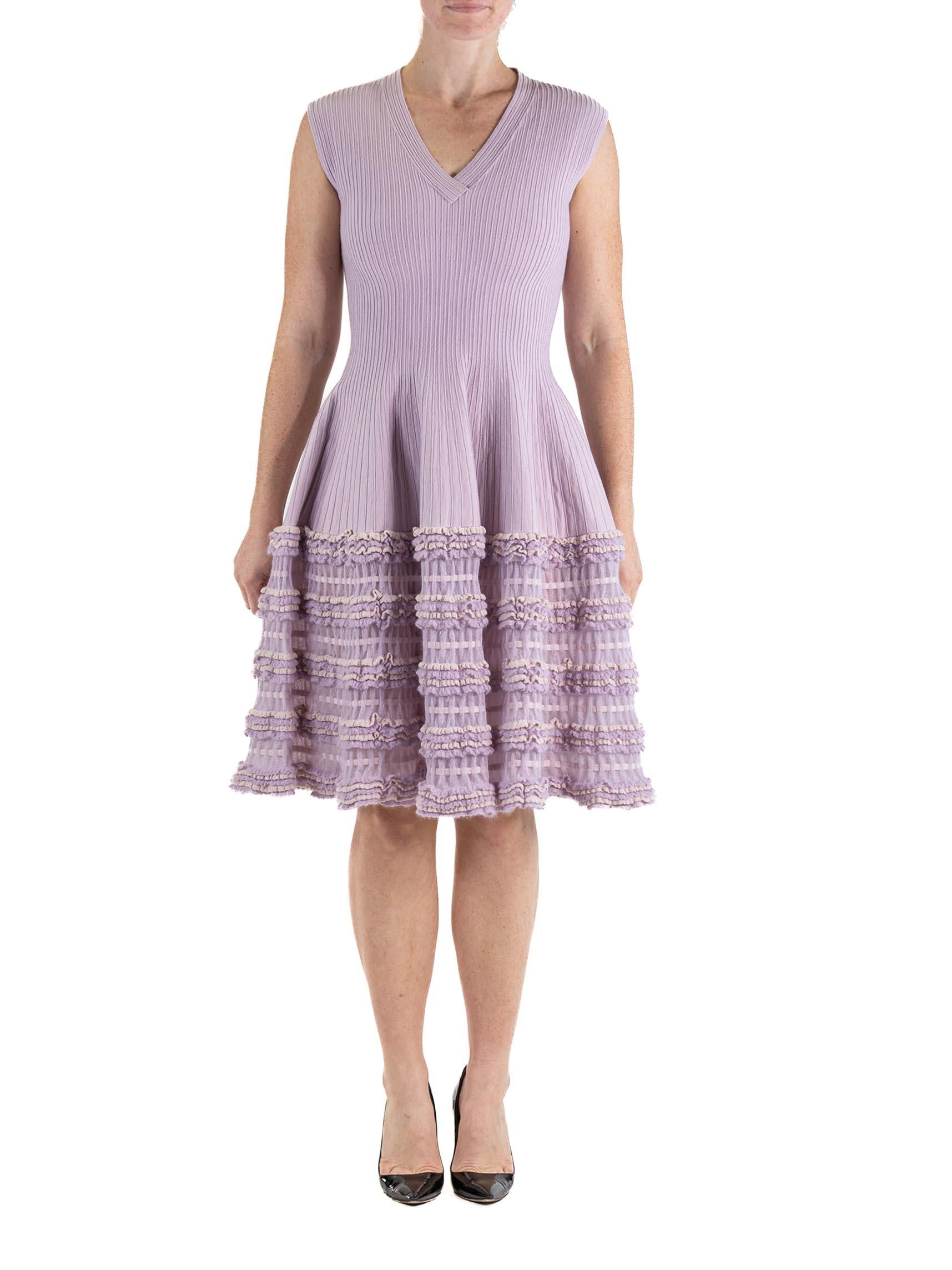 2000s Azzedine Alaia Lilac Wool Blend V Neck A Line Dress Knit Ruffle Trim 2000s Azzedine Alaia Lilac Wool Blend V Neck A Line Dress Knit Ruffle Trim