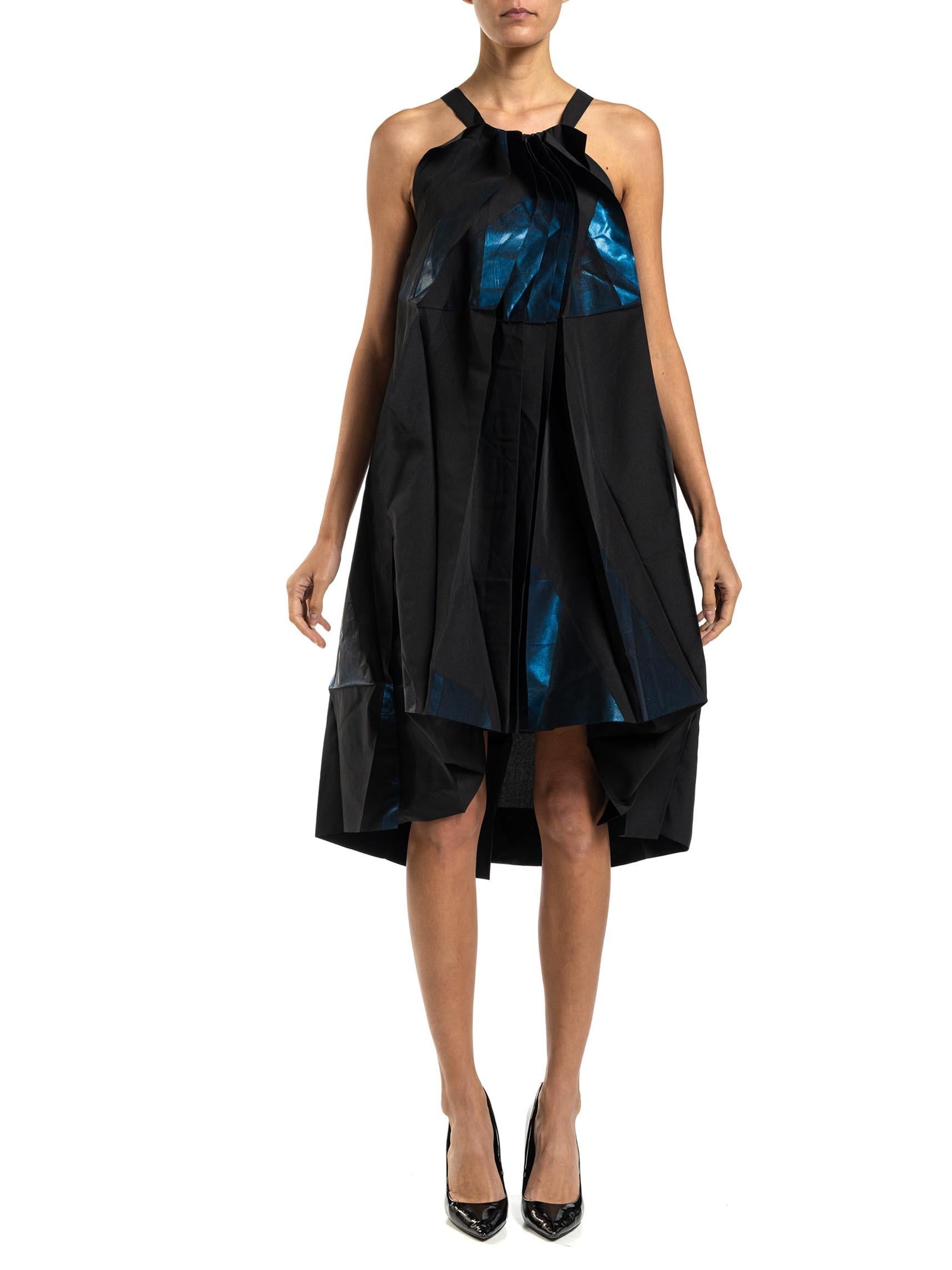 2000S Issey Miyake Blue & Black Metallic Polyester 132 5 Avant Garde Art Dress 2000S Issey Miyake Blue & Black Metallic Polyester 132 5 Avant Garde Art Dress