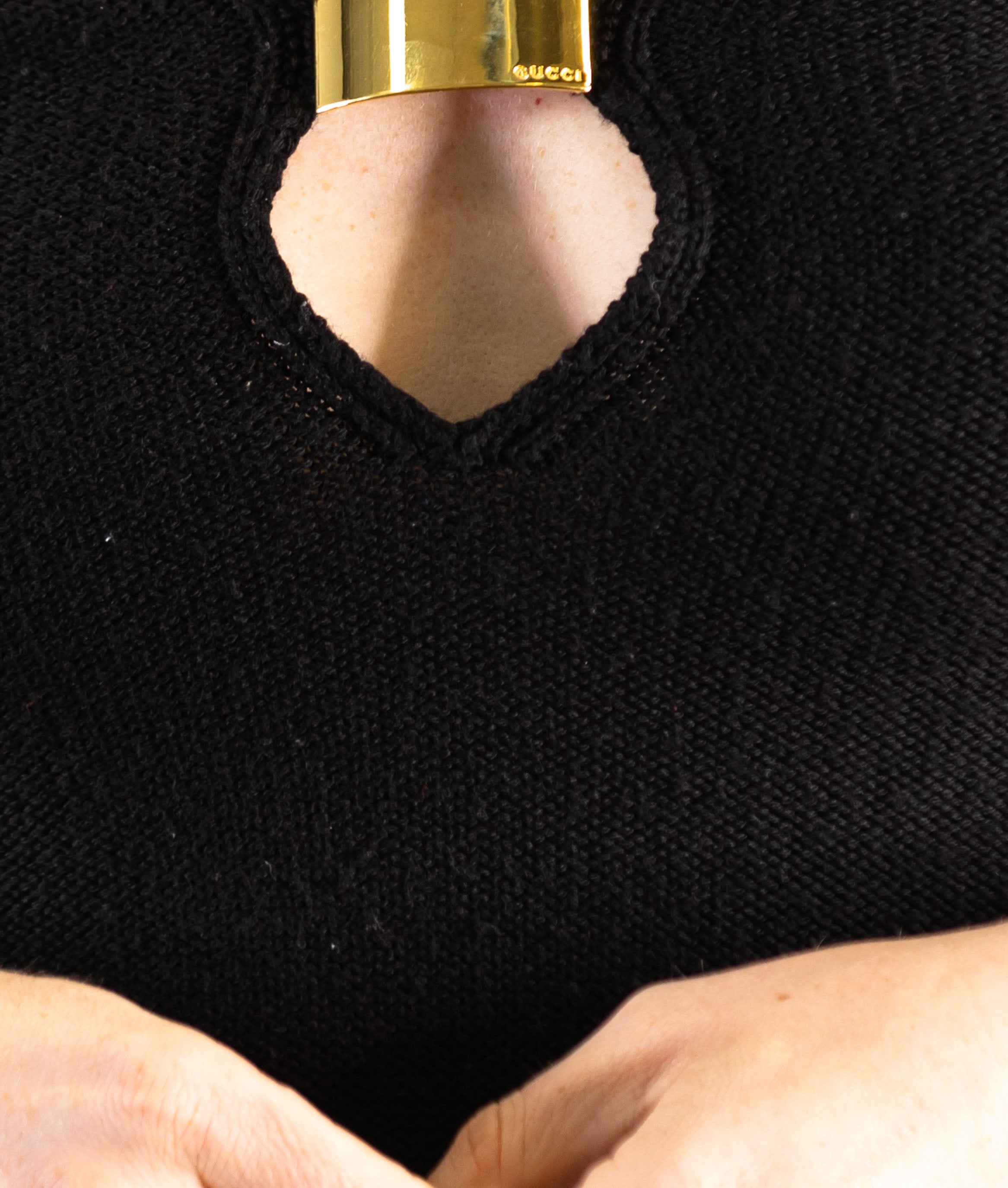 1990S Tom Ford Gucci Black Wool Knit Deep V Neck Sweater With Gold Metal Clasp 1990S Tom Ford Gucci Black Wool Knit Deep V Neck Sweater With Gold Metal Clasp